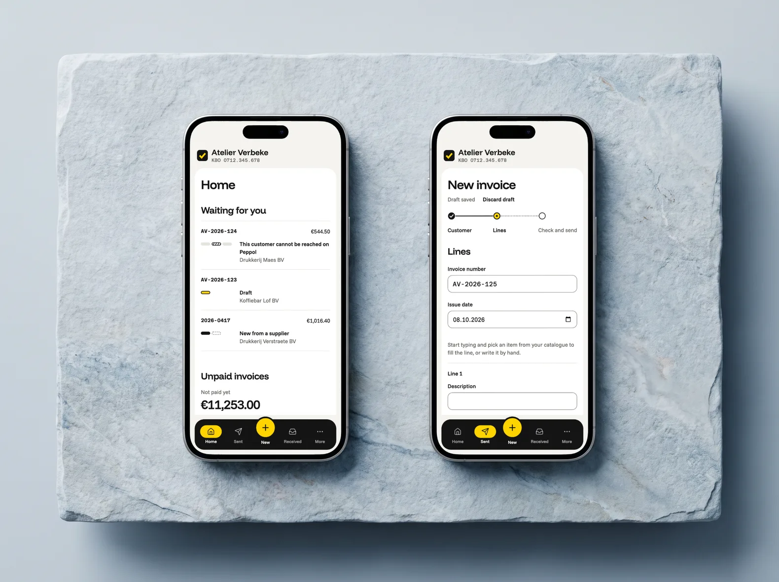 Two phones on stone: the Tallio mobile portal home and a new invoice at the Lines step; at the bottom, a bar with a yellow New button