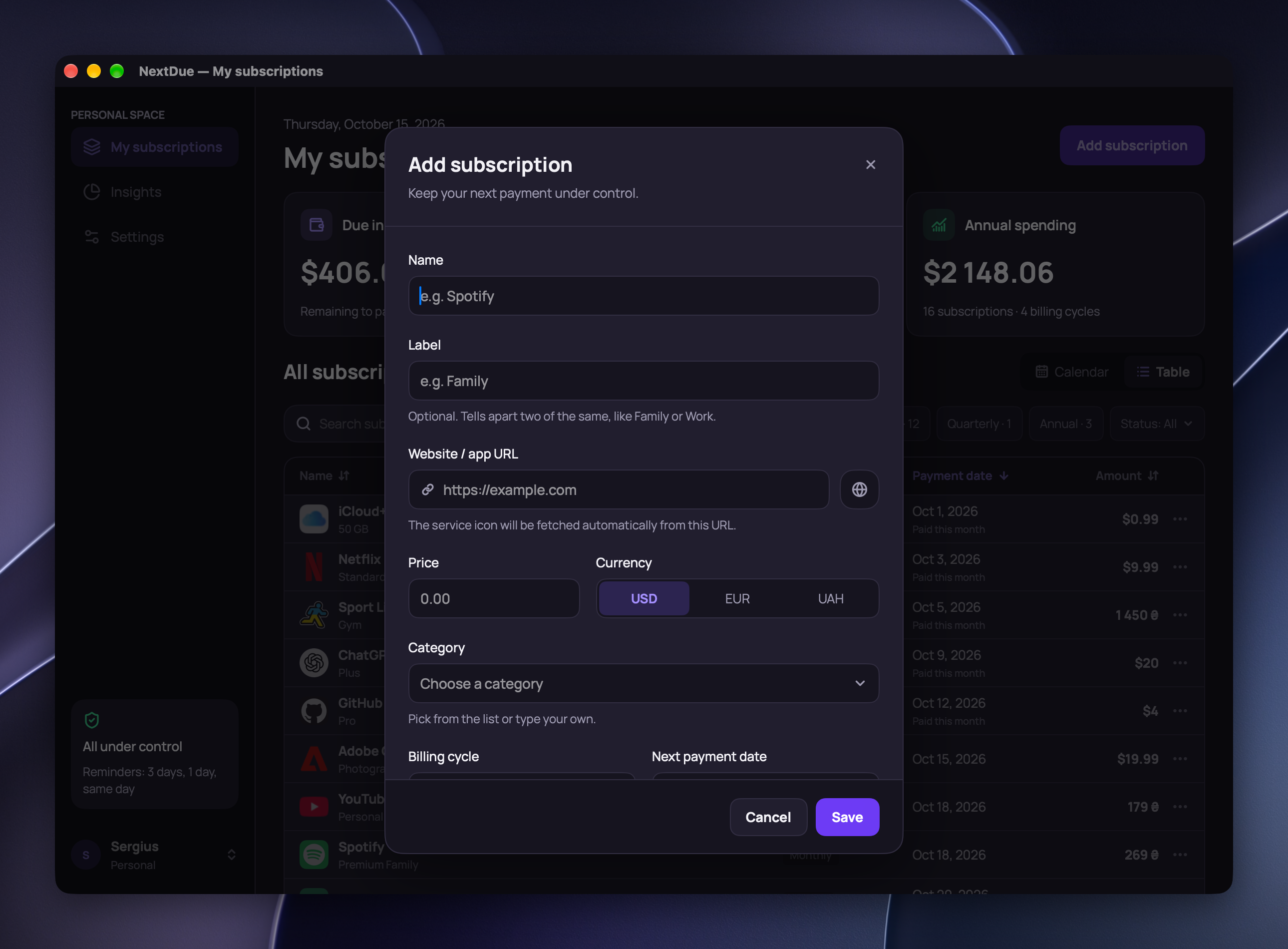 NextDue, the new subscription form: name, label, website address for the logo, price and currency, category