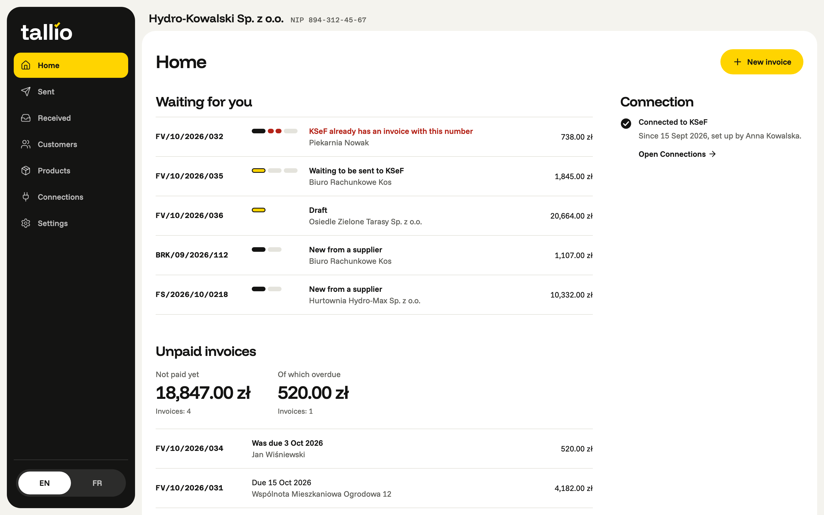 Tallio portal home for a Polish company: KSeF invoices with their numbers and statuses