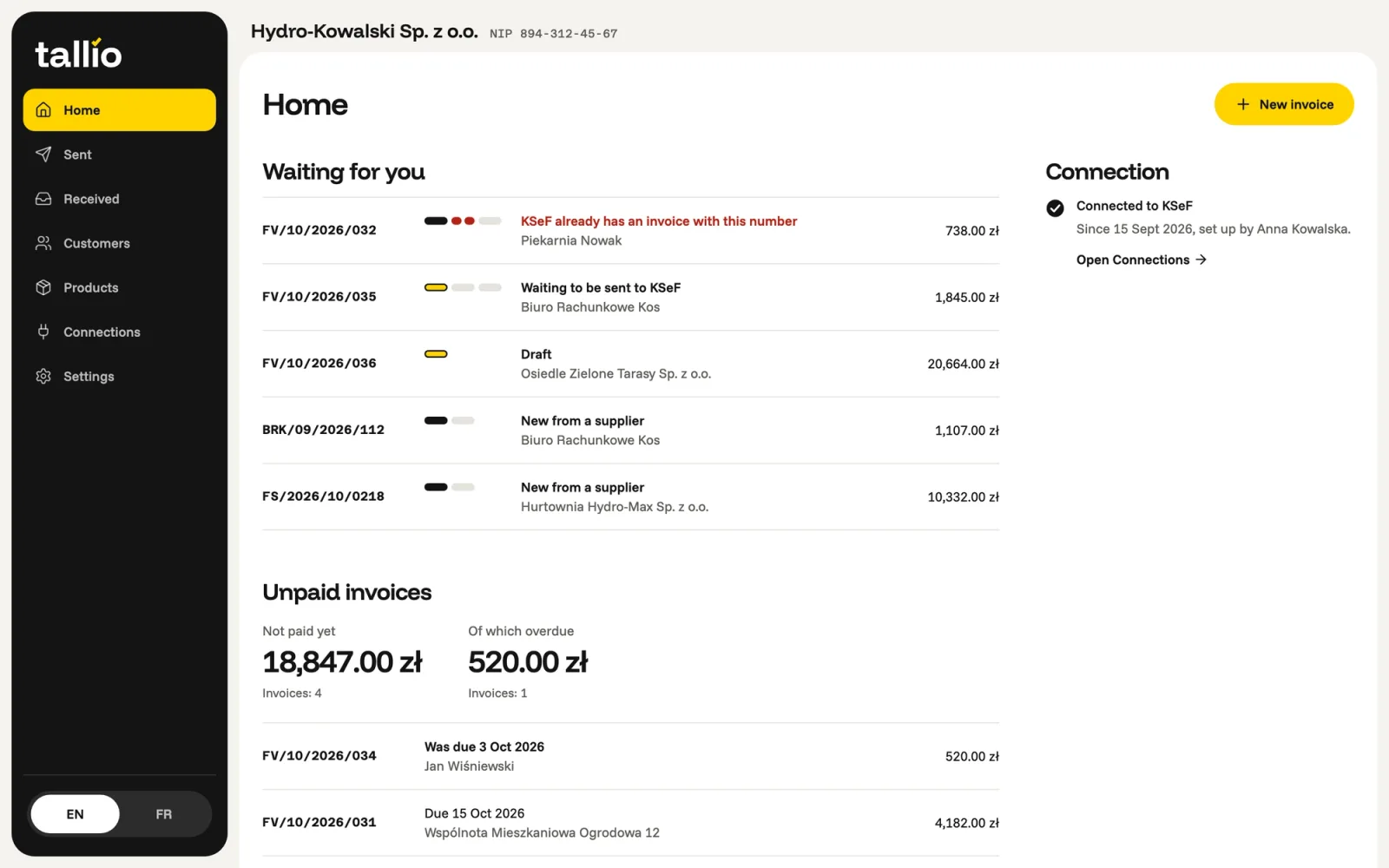 Tallio portal home for a Polish company: KSeF invoices with their numbers and statuses