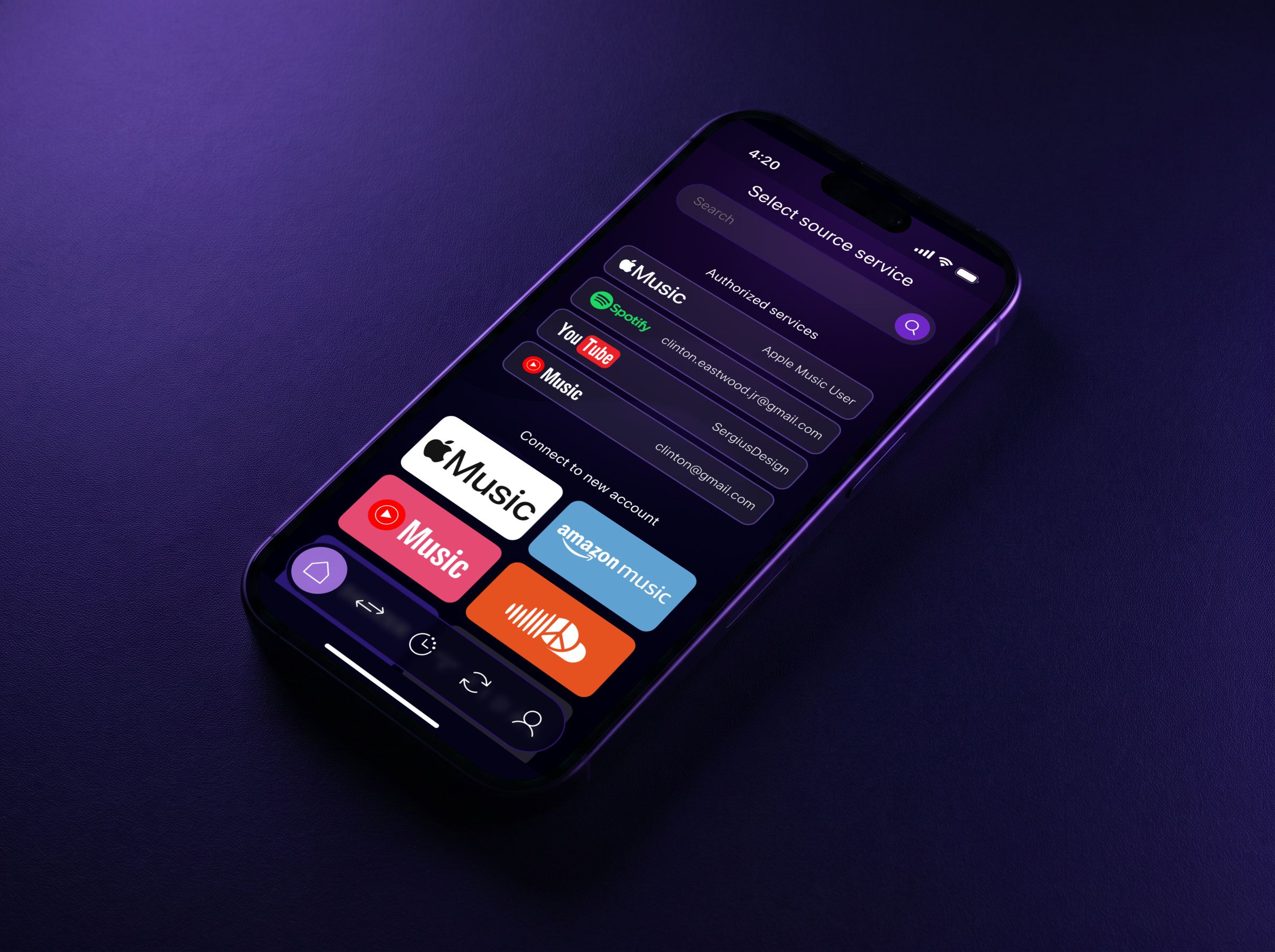 Phone lying on a dark surface with the MusConv source screen: Apple Music, Spotify, YouTube, YouTube Music, Amazon Music and SoundCloud