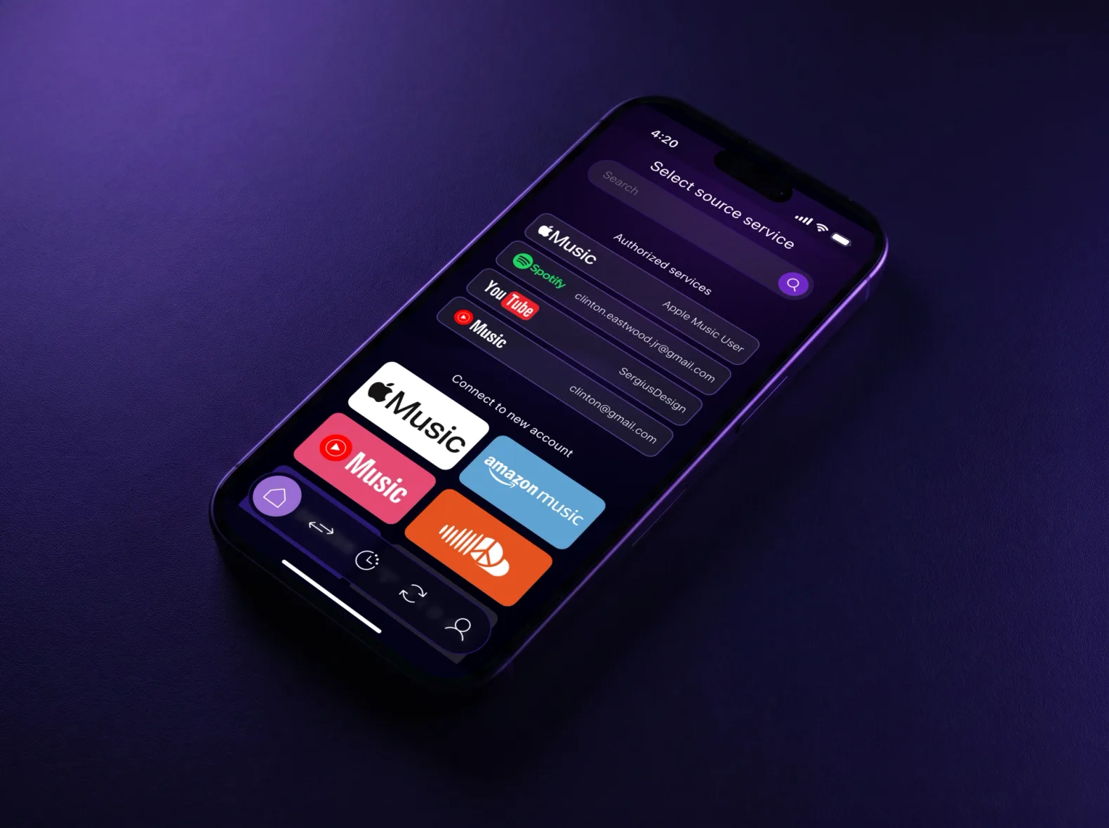 Phone lying on a dark surface with the MusConv source screen: Apple Music, Spotify, YouTube, YouTube Music, Amazon Music and SoundCloud