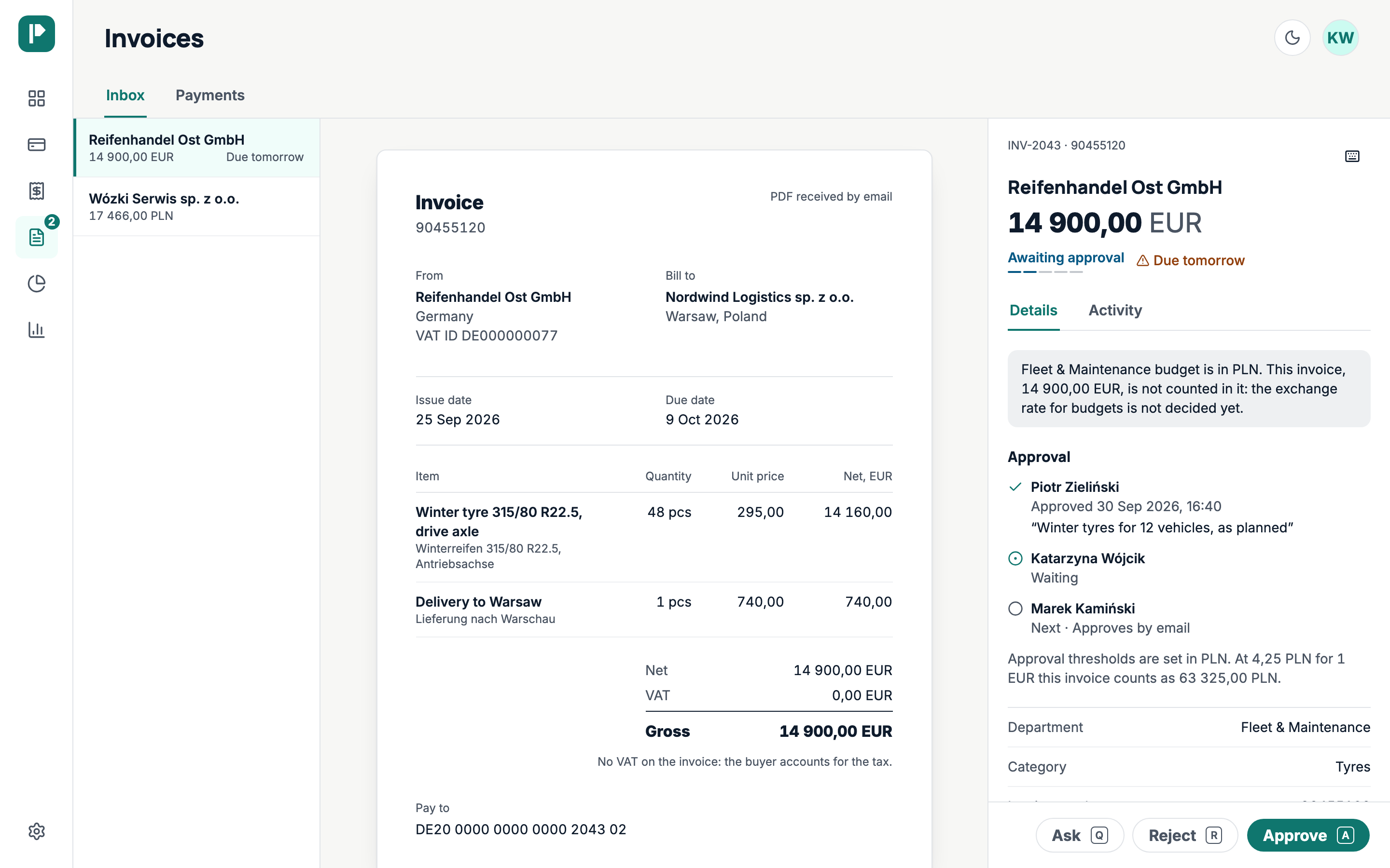 Invoice approval in Payvane: the department budget, who has approved, who is next, and Approve, Reject and Ask buttons