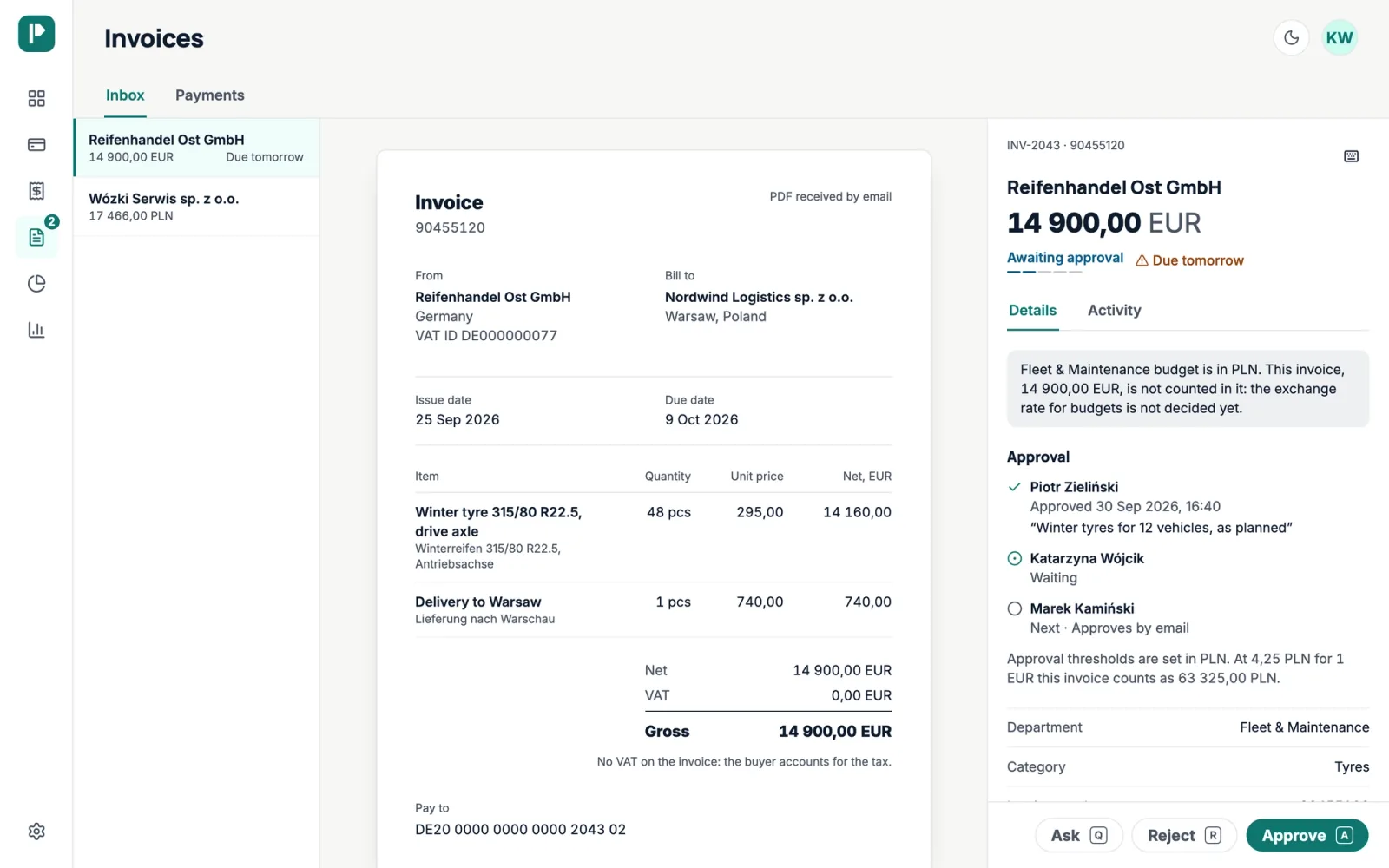 Invoice approval in Payvane: the department budget, who has approved, who is next, and Approve, Reject and Ask buttons