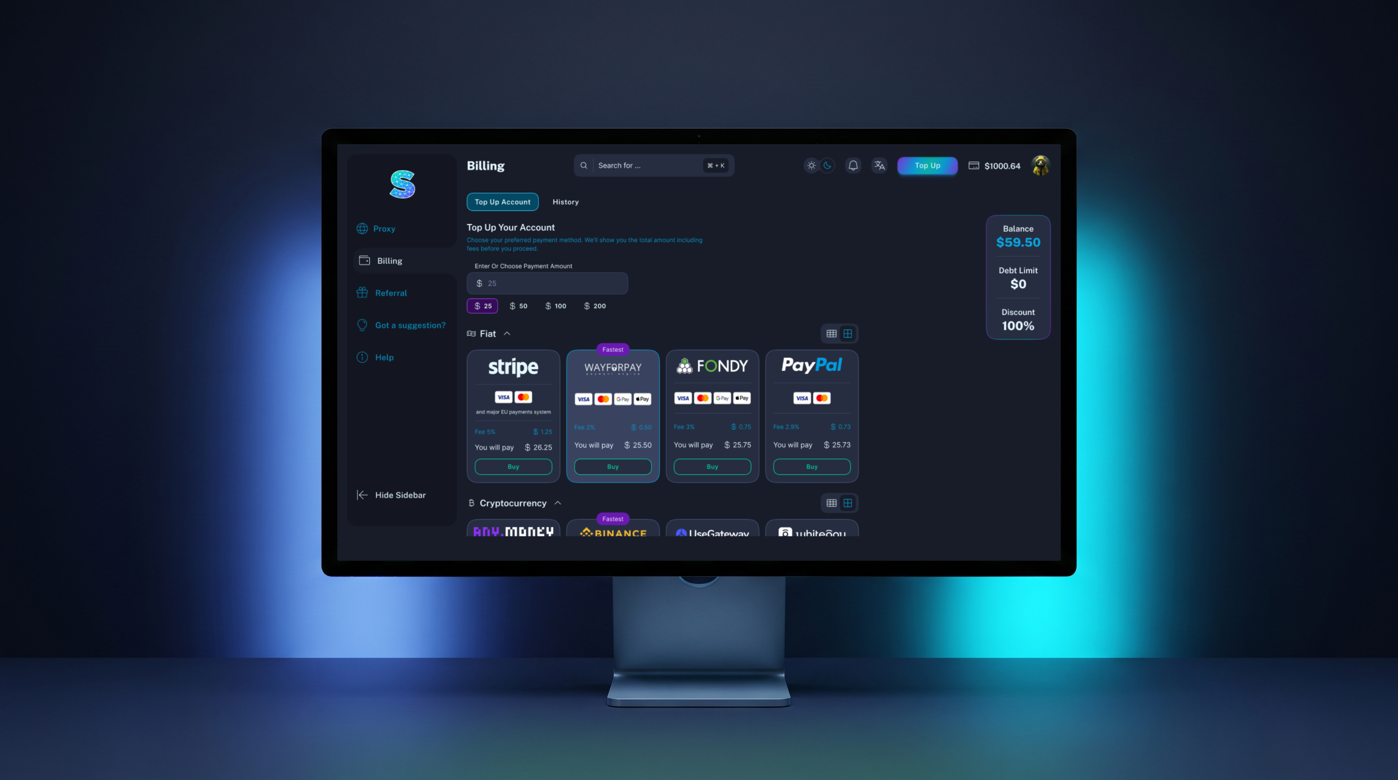 Monitor with the Billing section of the LTE Socks portal: the top-up amount and payment provider cards with the fee and the total, one marked “Fastest”