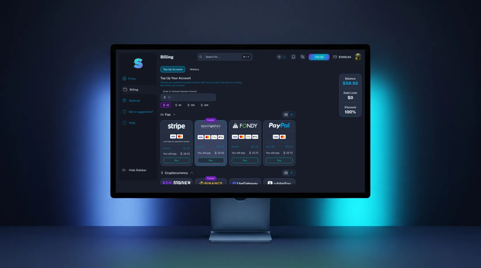 Monitor with the Billing section of the LTE Socks portal: the top-up amount and payment provider cards with the fee and the total, one marked “Fastest”
