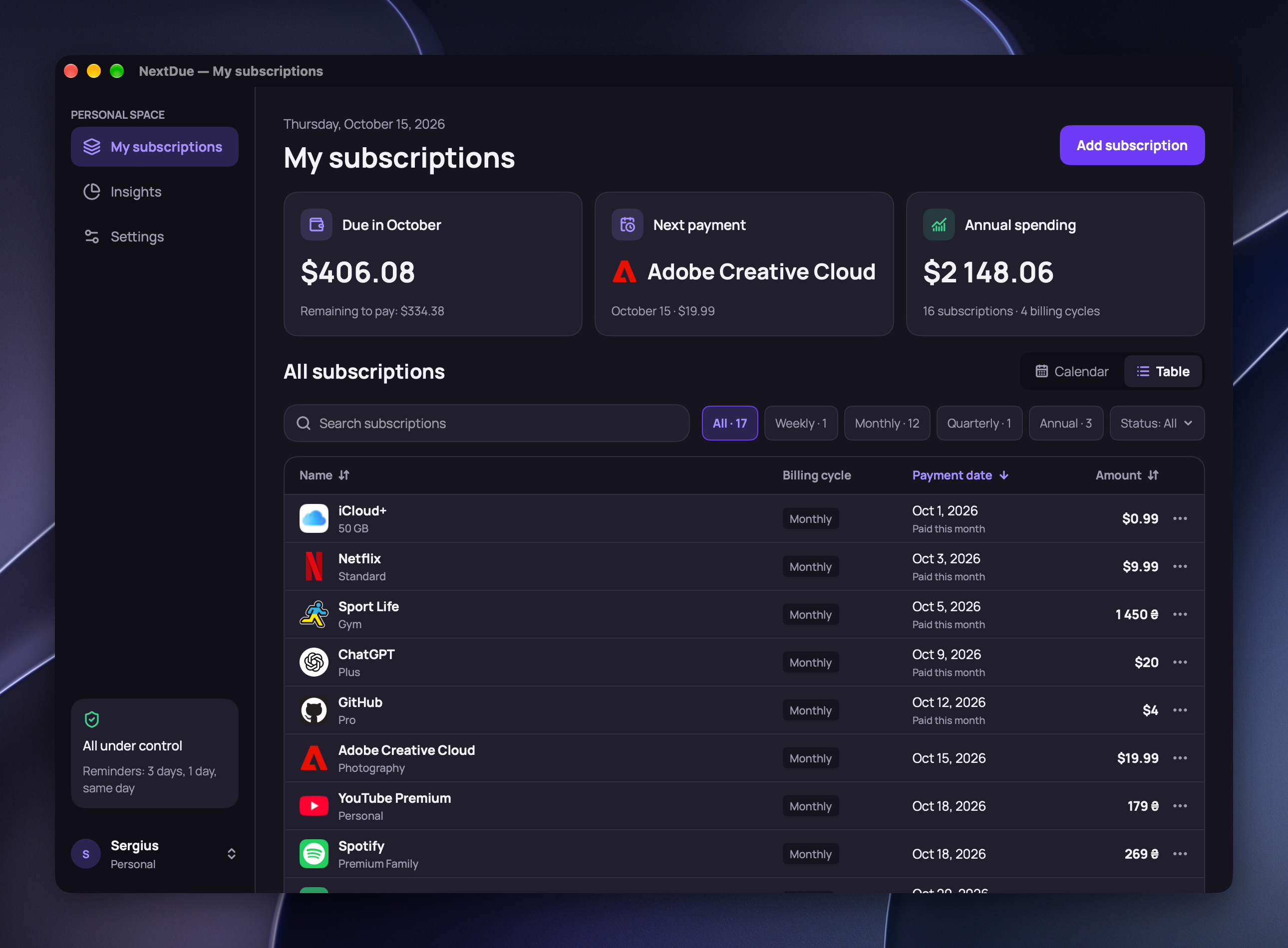 NextDue, the subscription table: search, filters by billing cycle, the date and amount of each payment