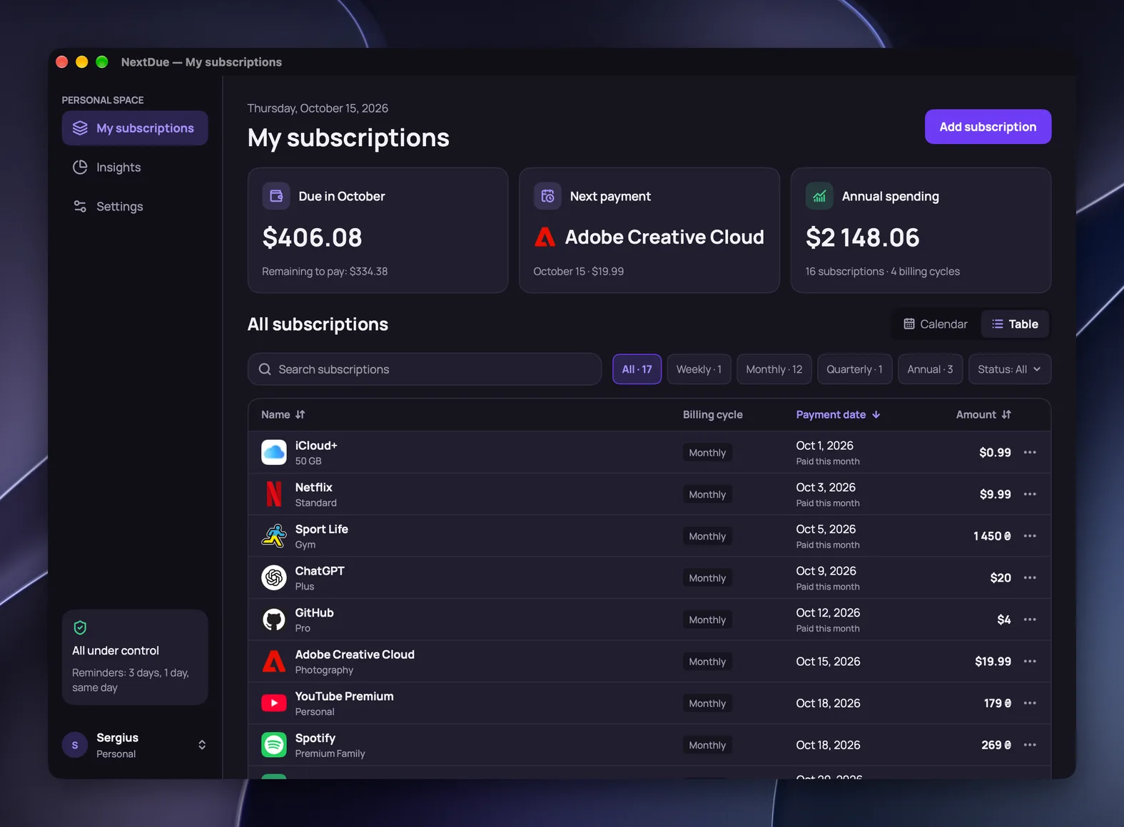NextDue, the subscription table: search, filters by billing cycle, the date and amount of each payment