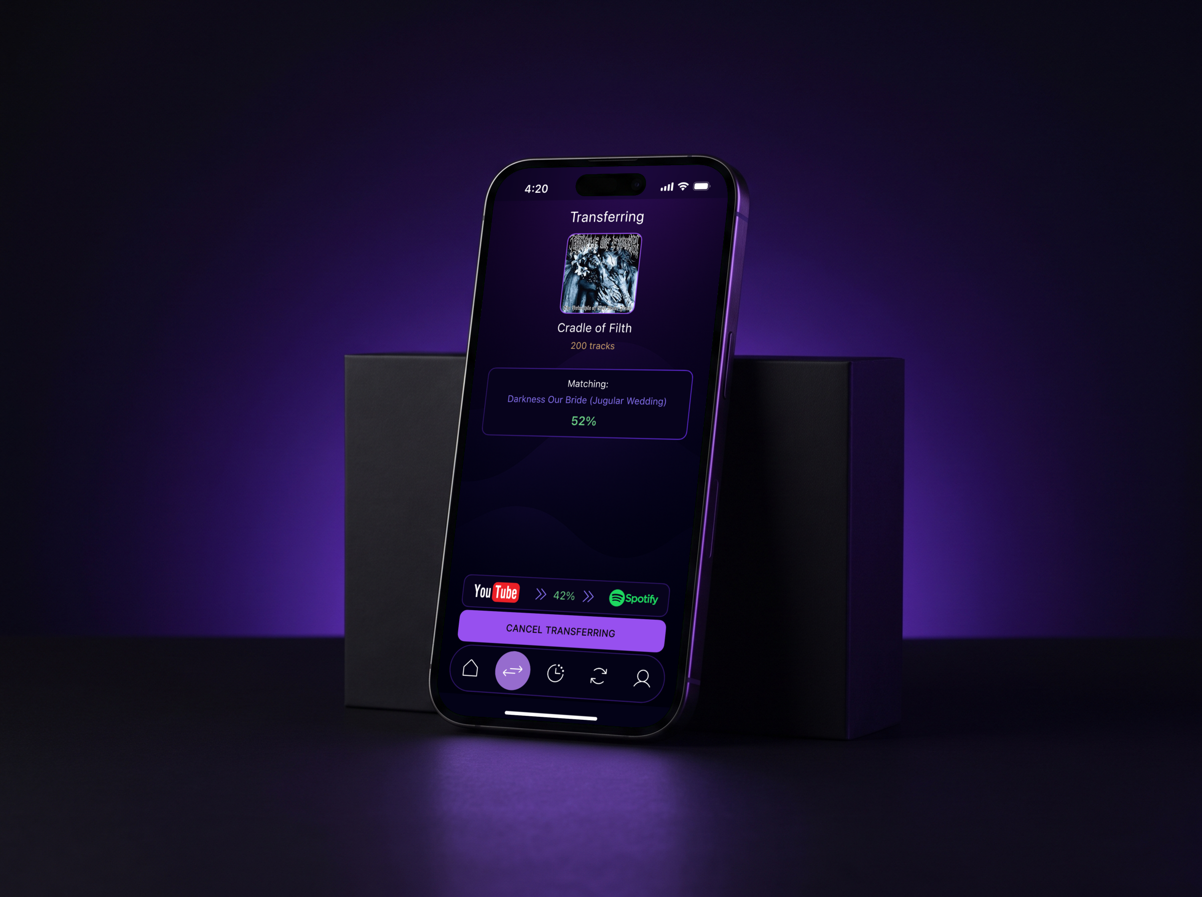 Phone leaning against a black block with a MusConv transfer from YouTube to Spotify: a 200-track album, the current track name and 52%