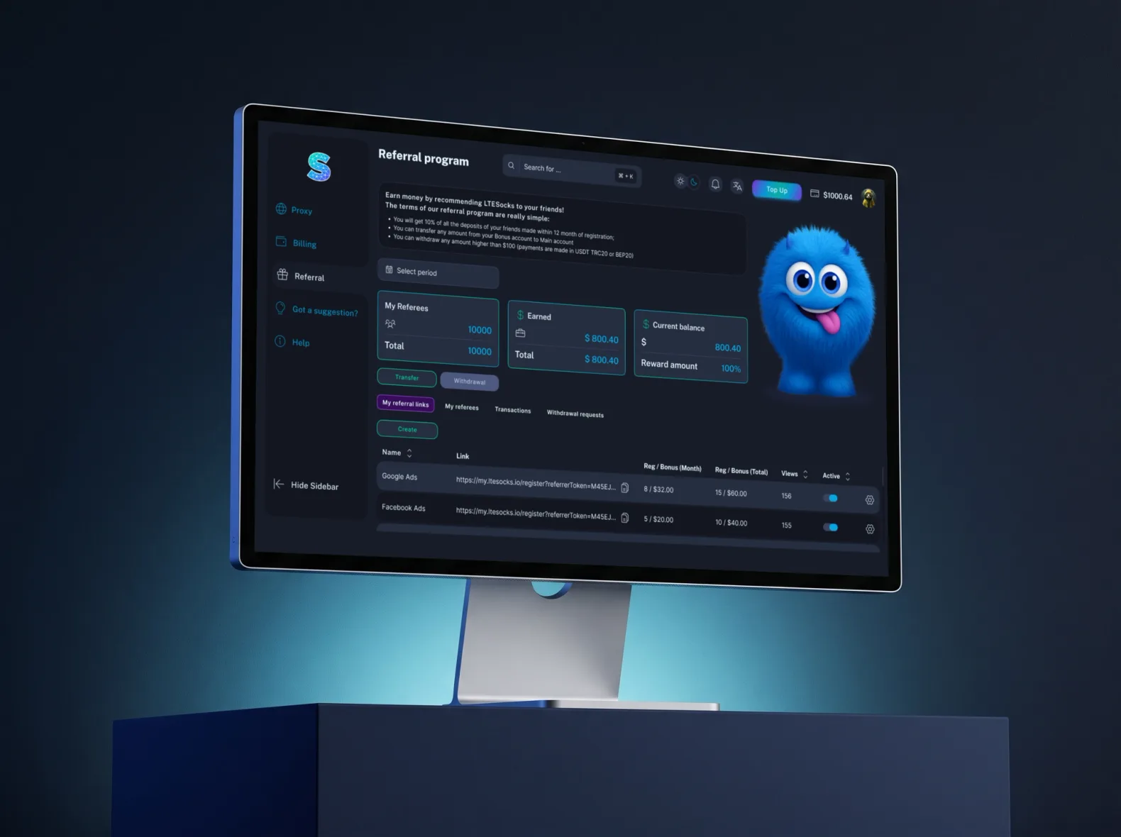 Monitor on a dark block with the LTE Socks referral program in the dark theme: three counters and a table of referral links