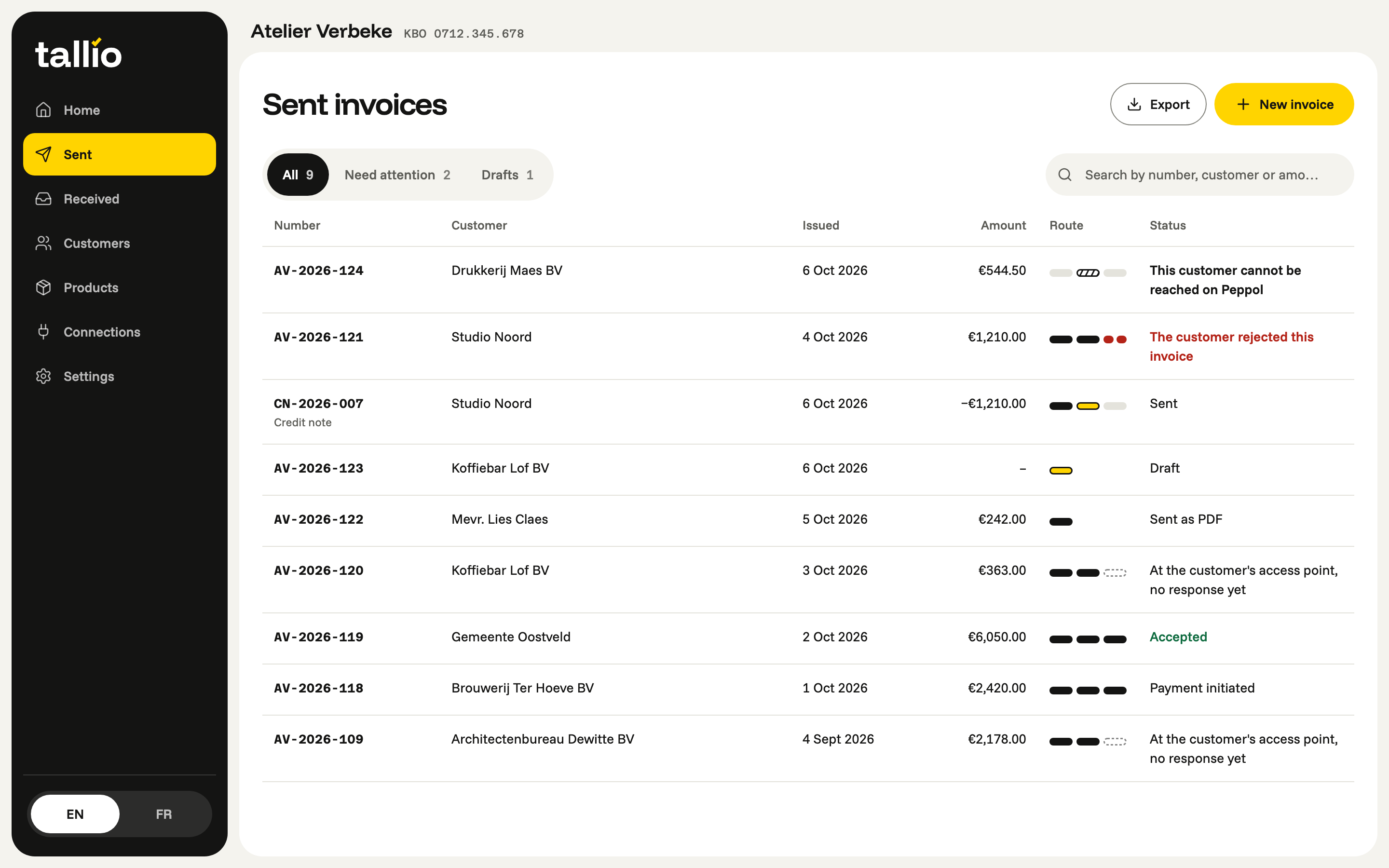 Tallio portal, the list of sent invoices: each invoice has a route of checkpoints and a status