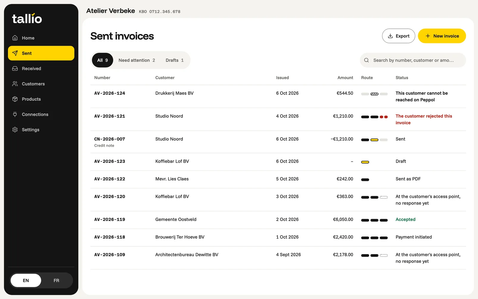 Tallio portal, the list of sent invoices: each invoice has a route of checkpoints and a status