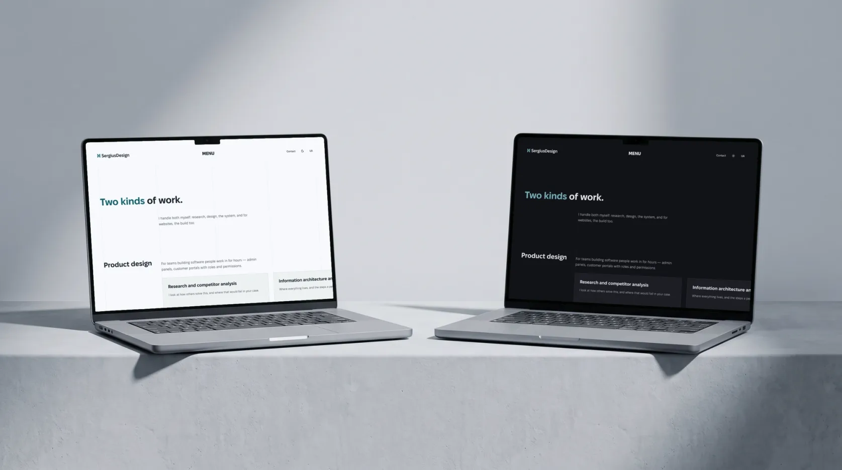 Two laptops on a concrete block with the sergiusdesign.com services page: light theme on the left, dark on the right