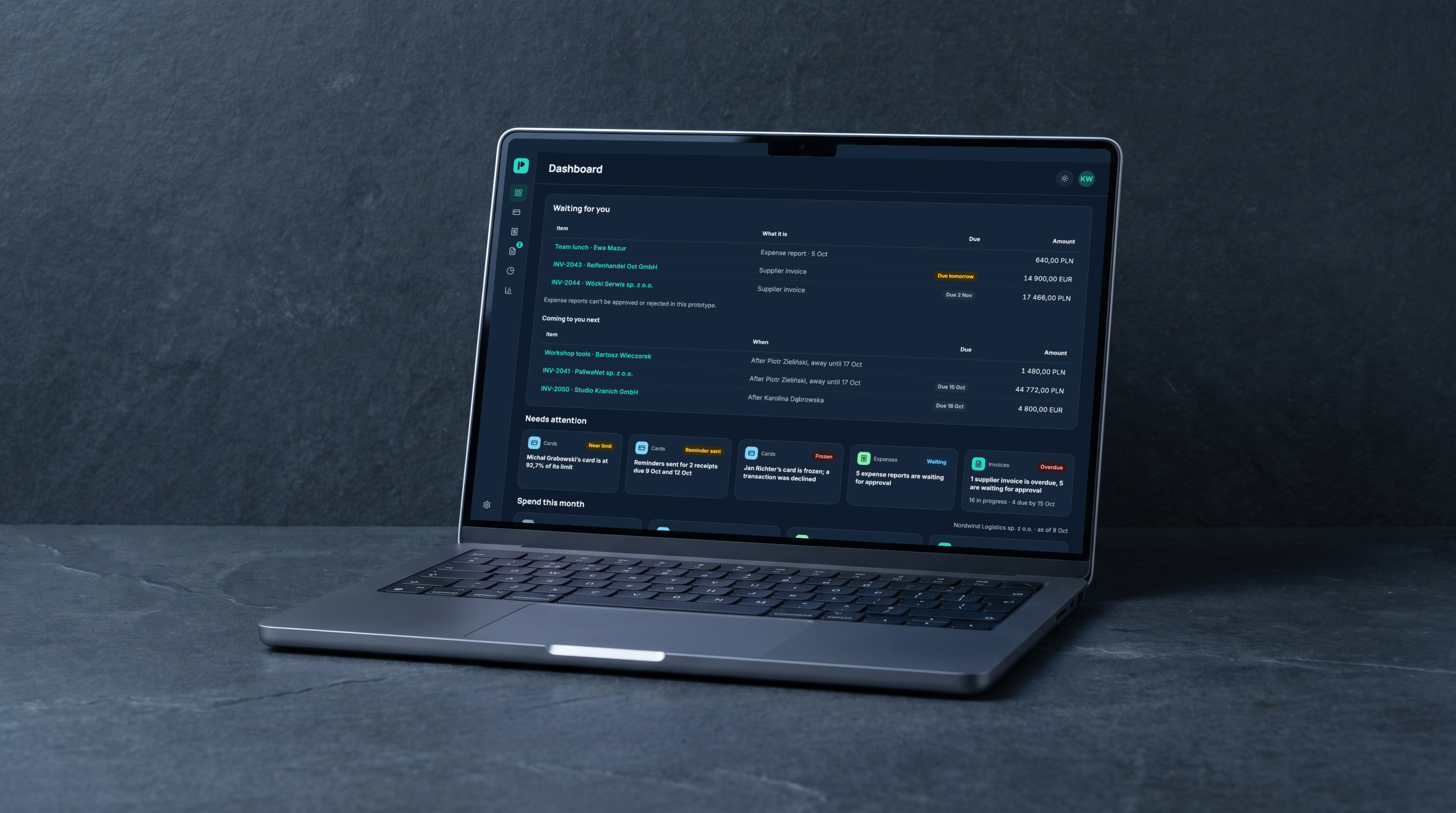 Laptop on dark slate showing the Payvane CFO dashboard in the dark theme: what waits for them and what comes next