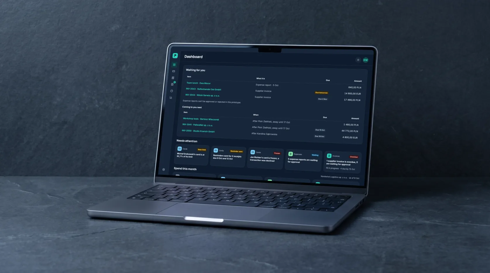 Laptop on dark slate showing the Payvane CFO dashboard in the dark theme: what waits for them and what comes next