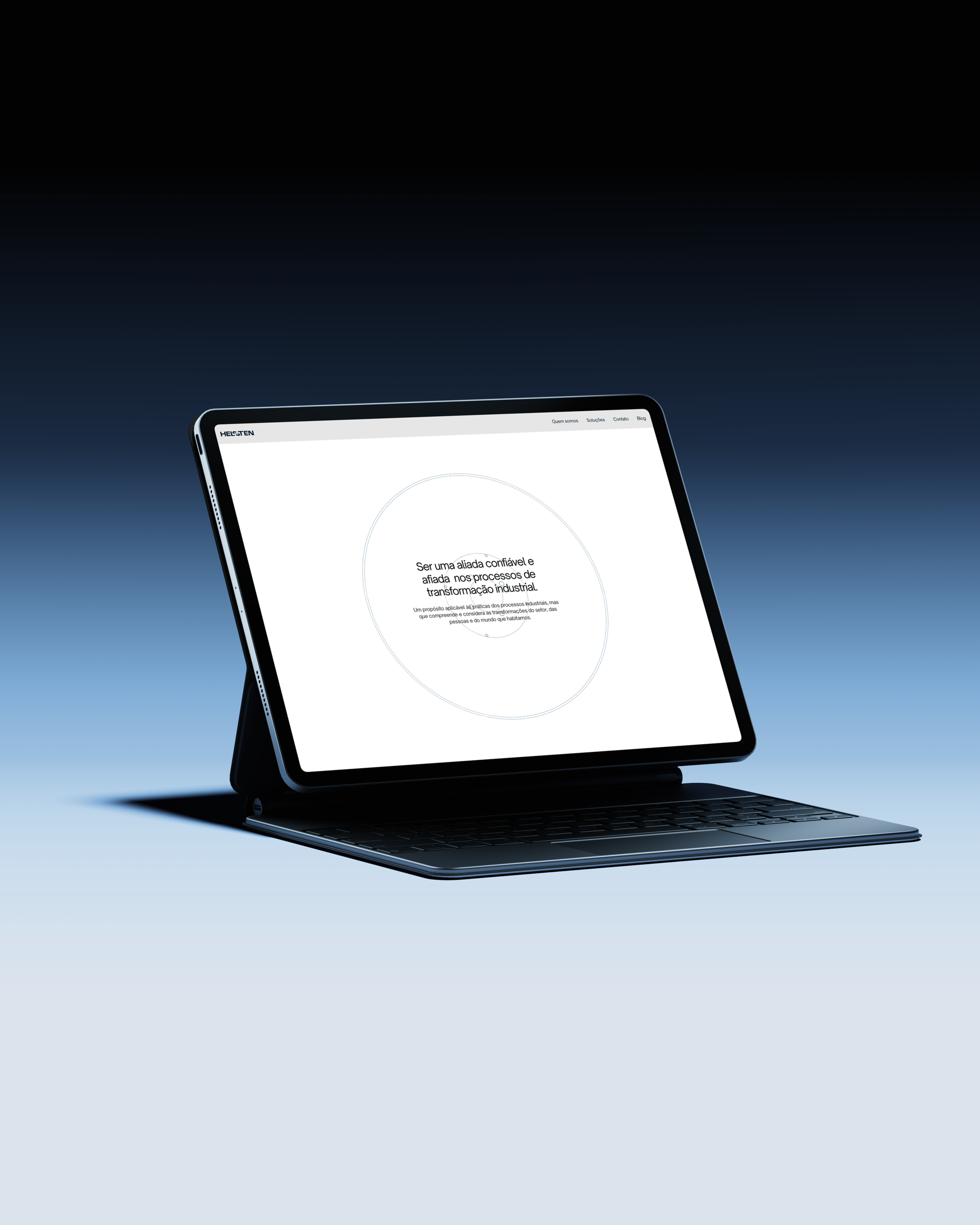 A tablet with a keyboard on a navy to light blue background, showing the Helsten About page
