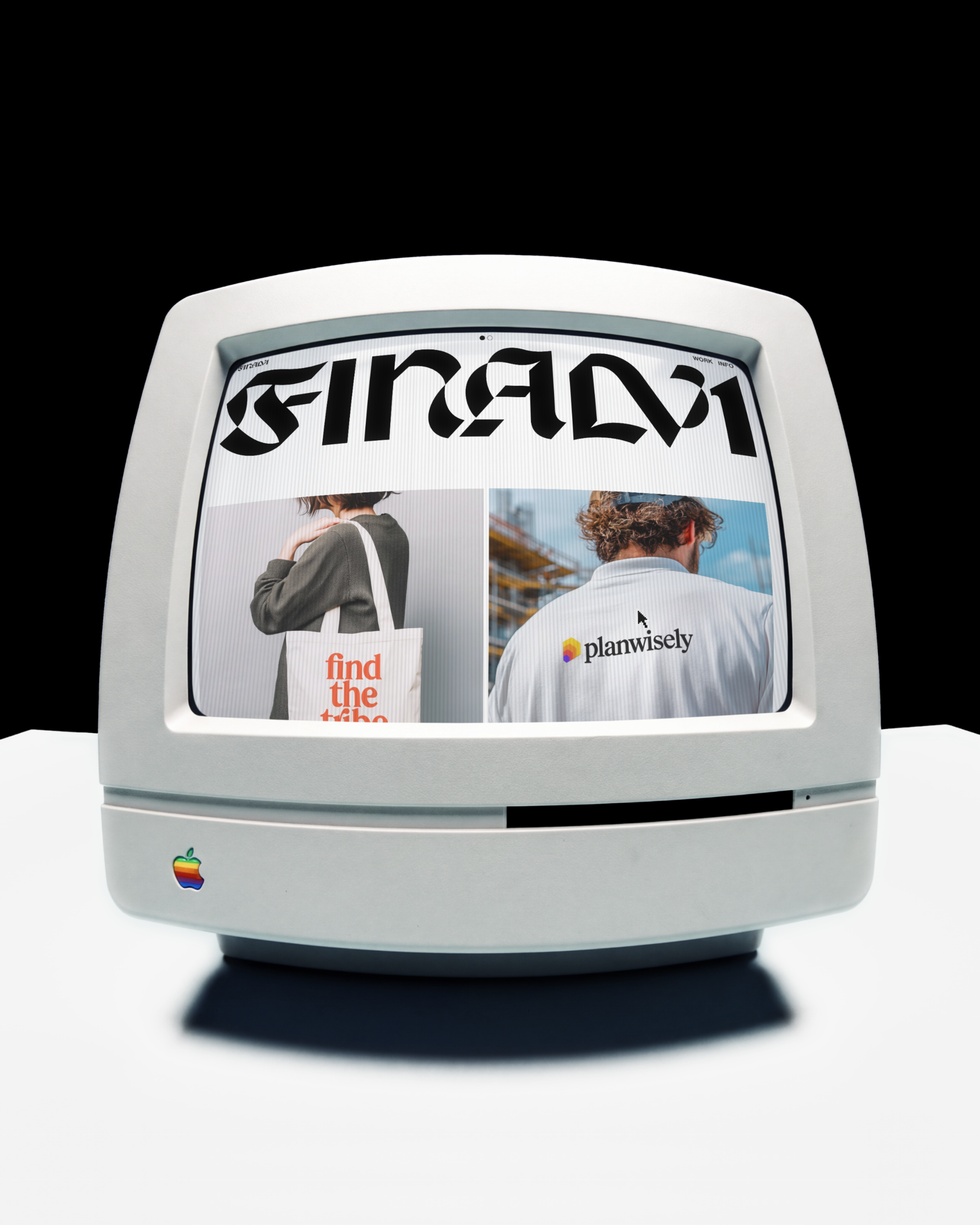 A retro Apple computer on a white table against a black wall, showing the Finalv1 home on its screen