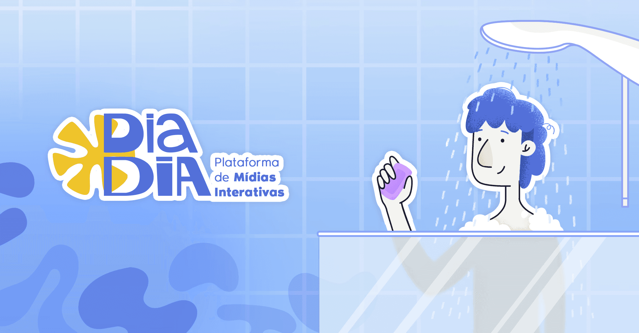 Logo do Dia Dia com a linha 'Plataforma de Mídias Interativas' ao lado do menino ilustrado no chuveiro