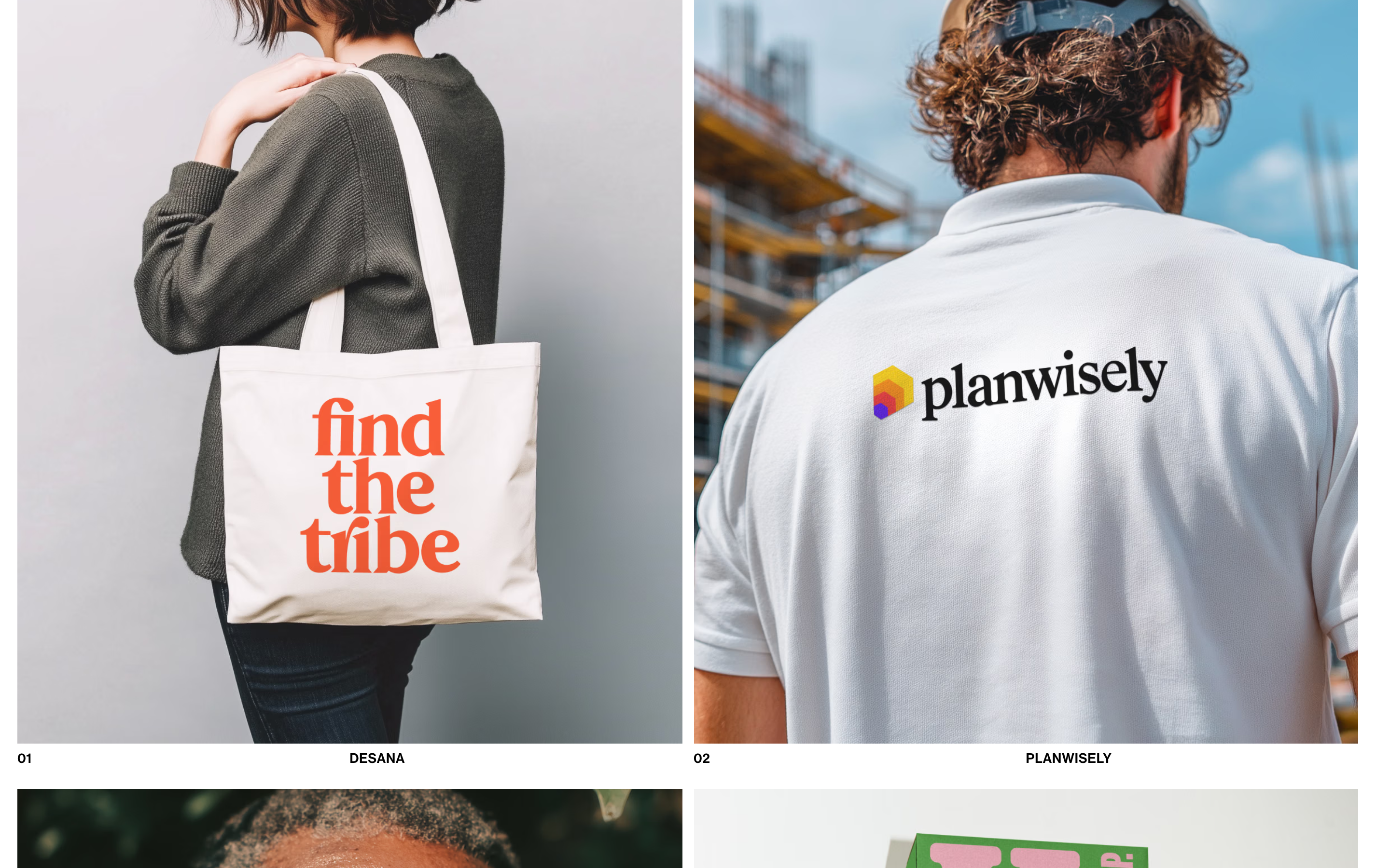 Two Finalv1 project tiles at their full proportion: a tote bag that reads find the tribe and a shirt with the Planwisely logo, with their numbers and names below