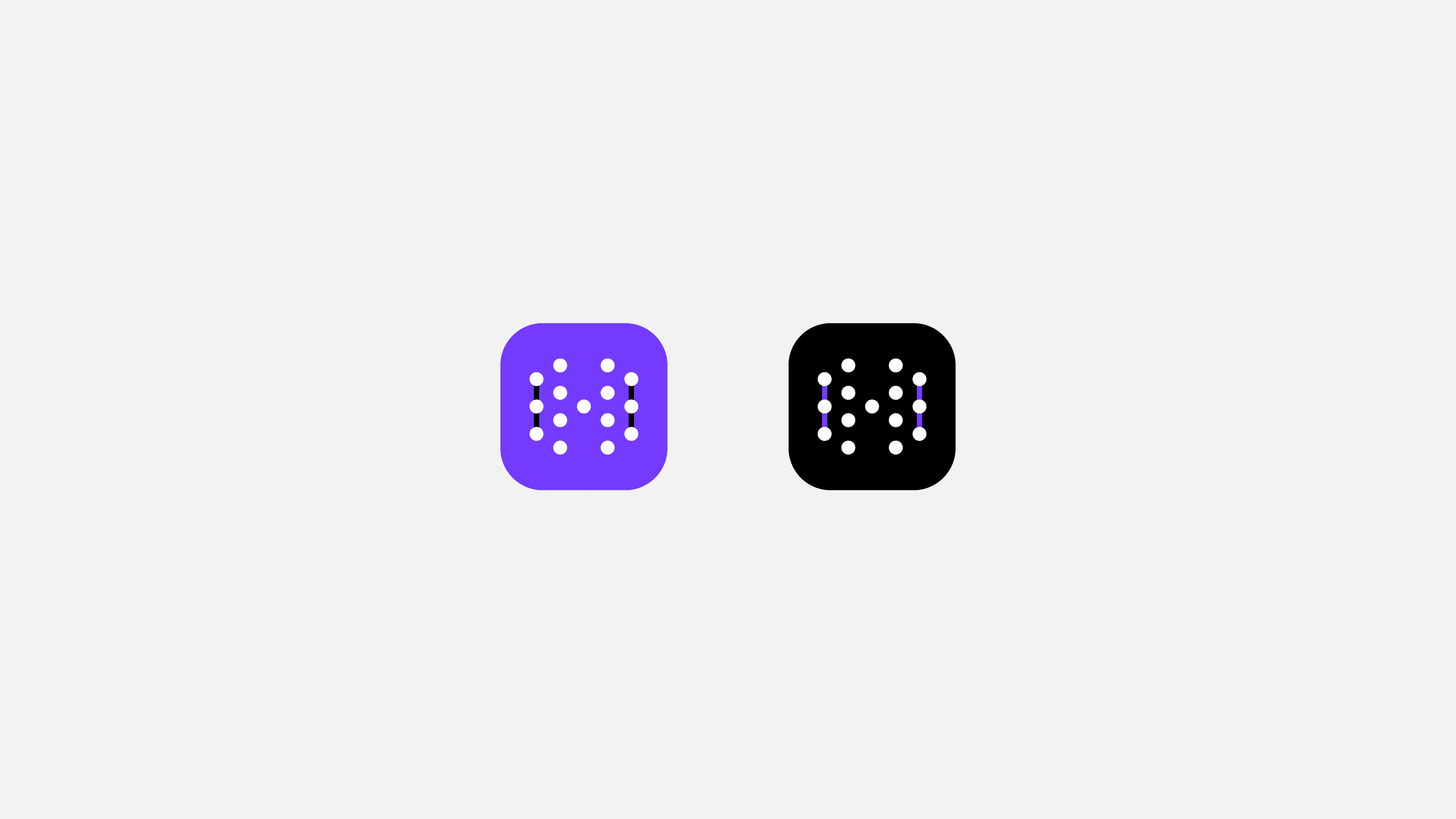 Dois ícones do app Hayashi lado a lado: H de pontos brancos sobre roxo com barras pretas e sobre preto com barras roxas