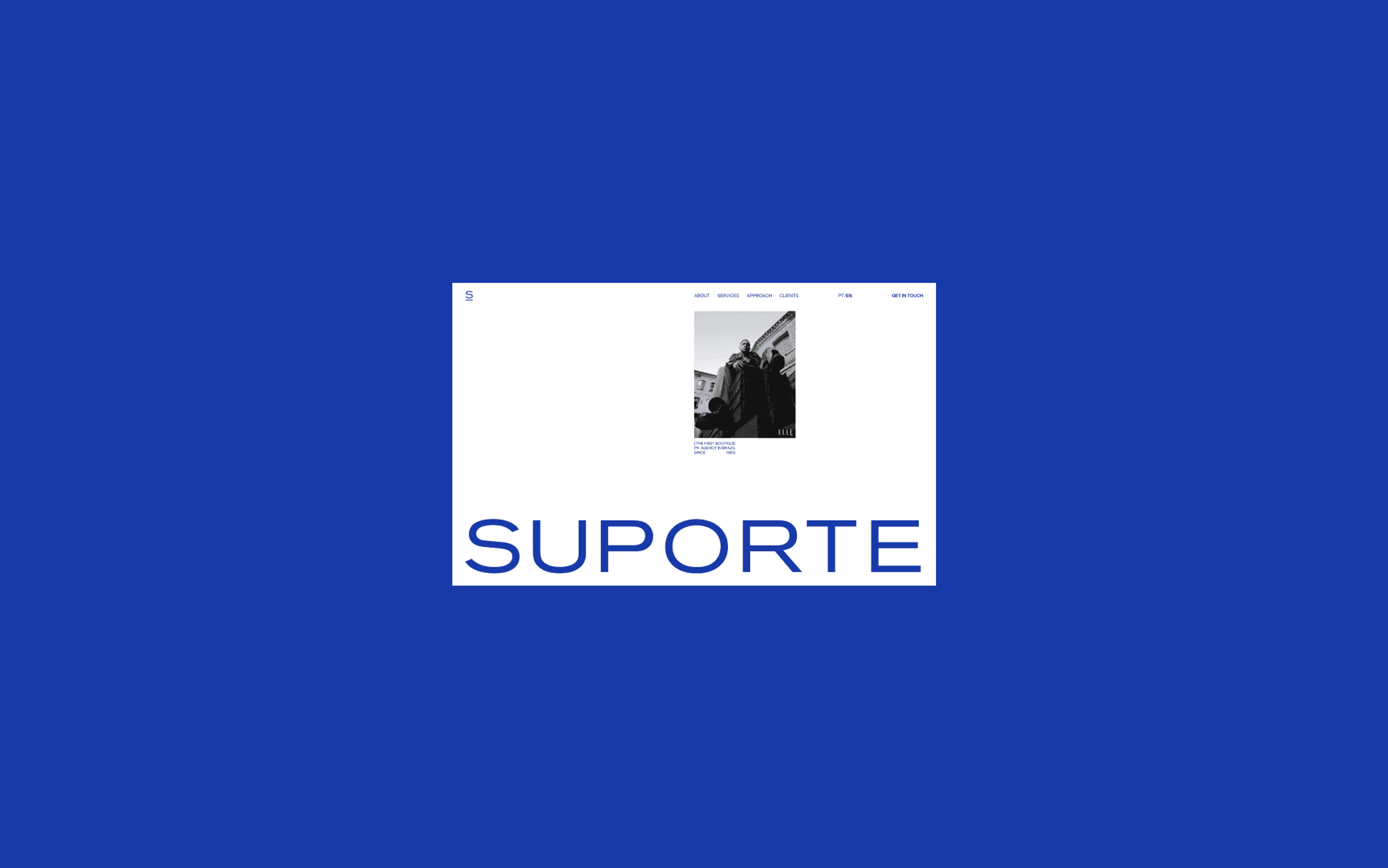 Home do site da Suporte sobre fundo azul, SUPORTE em letras grandes sob foto em preto e branco.