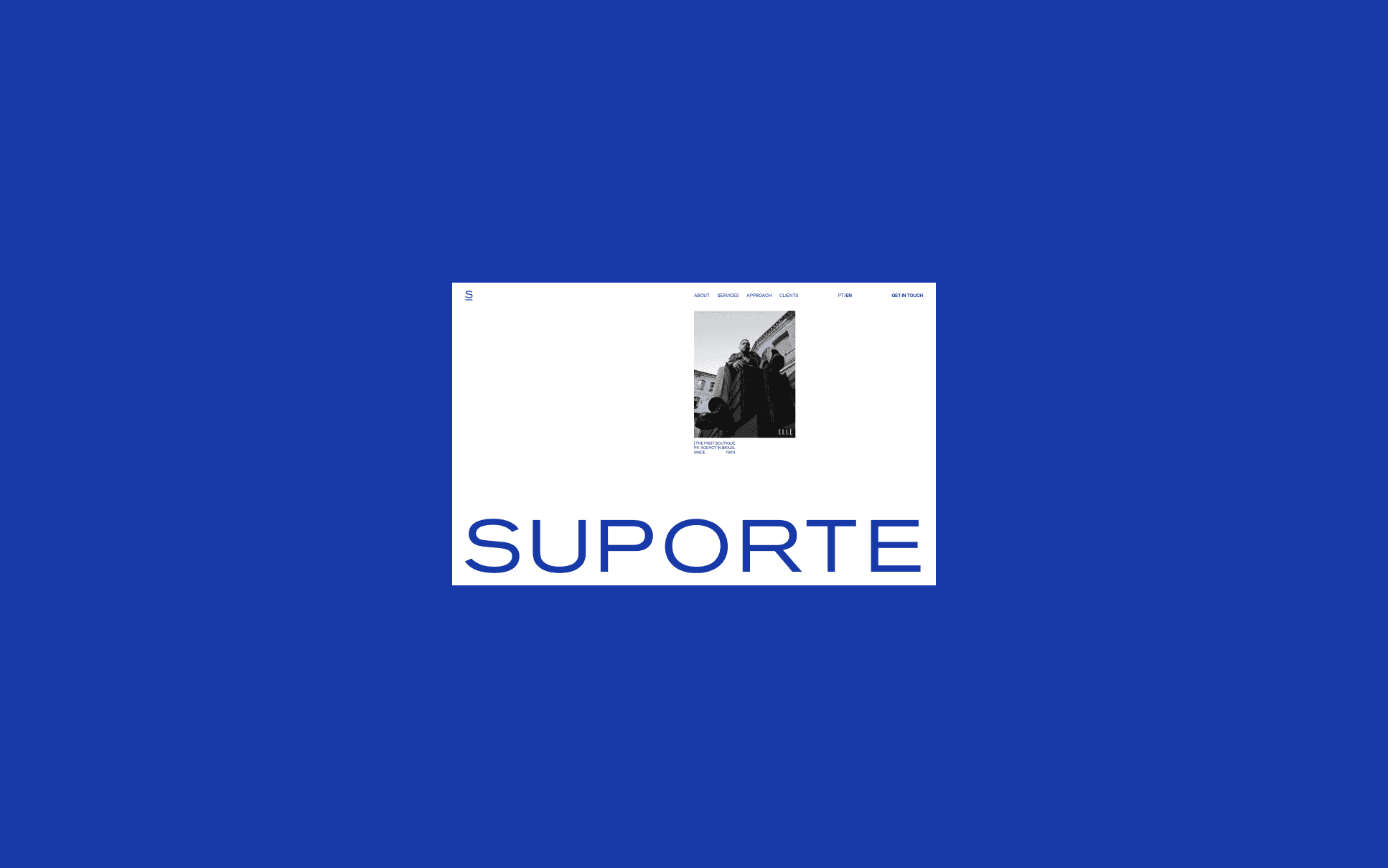 Home do site da Suporte sobre fundo azul, SUPORTE em letras grandes sob foto em preto e branco.