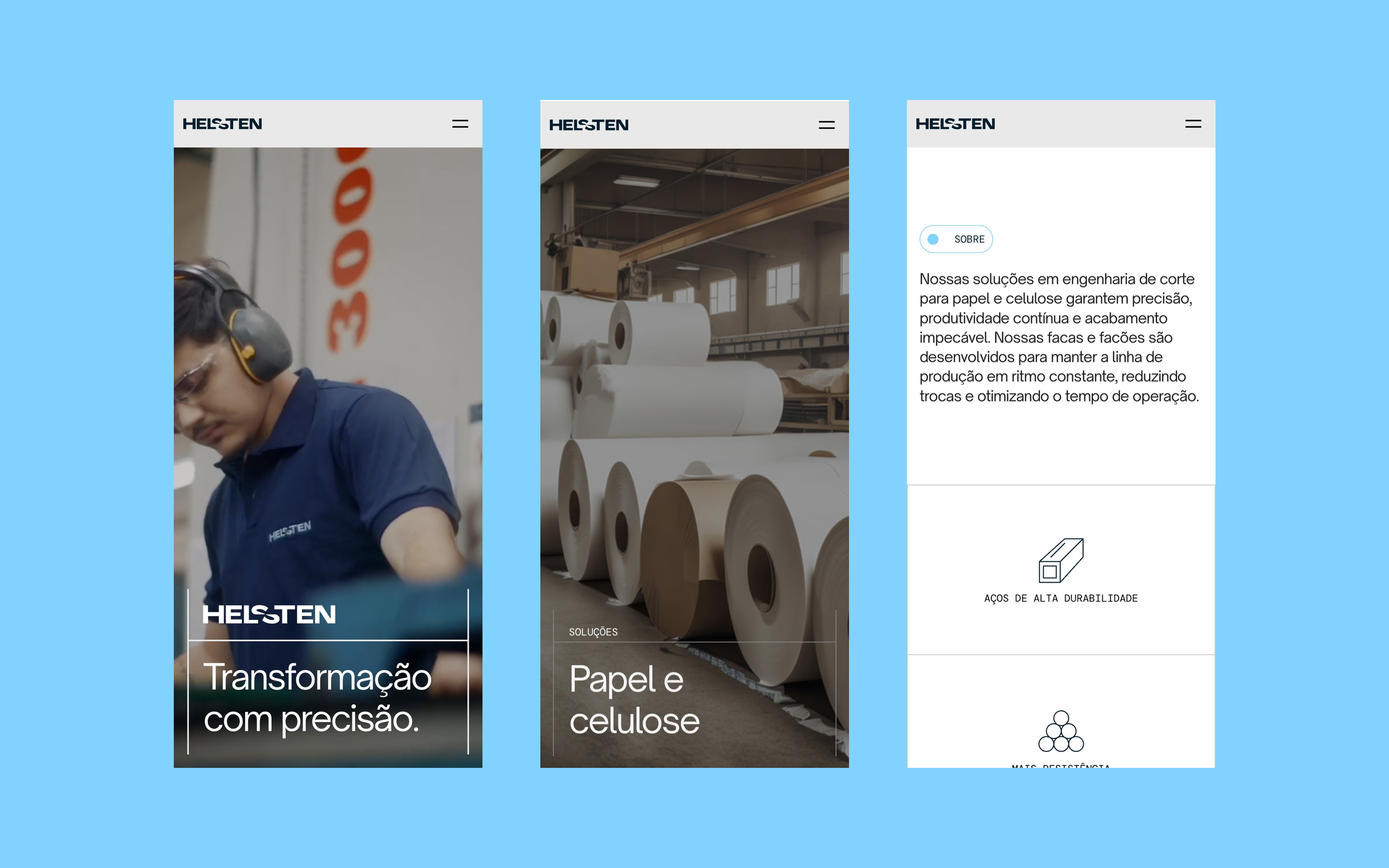 Three phone screens of the Helsten site on light blue: the home, the top of the Papel e celulose page and the cells with the product icons