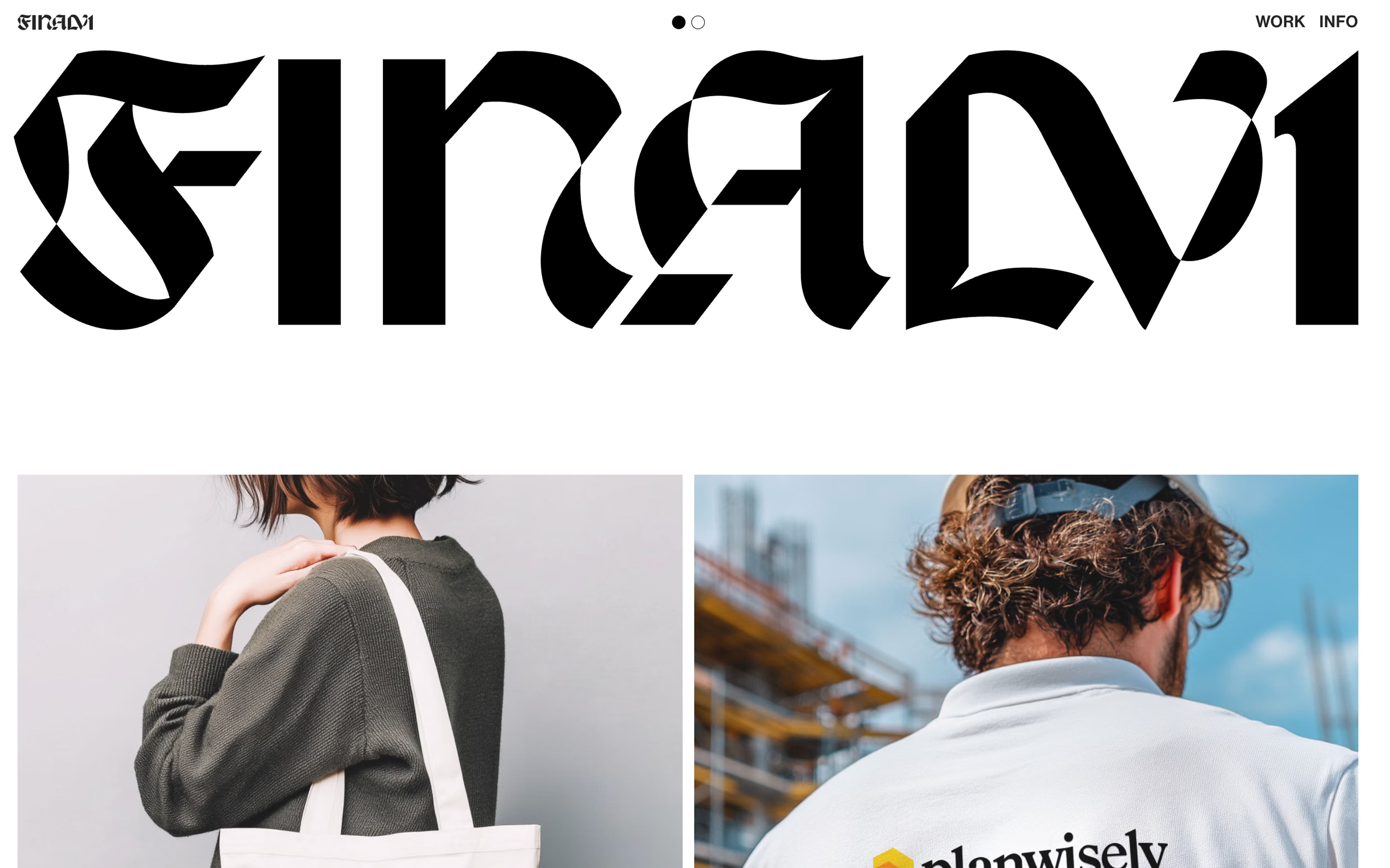 The Finalv1 home: the blackletter wordmark across the top and the first two projects, a tote bag that reads find the tribe and a shirt with the Planwisely logo