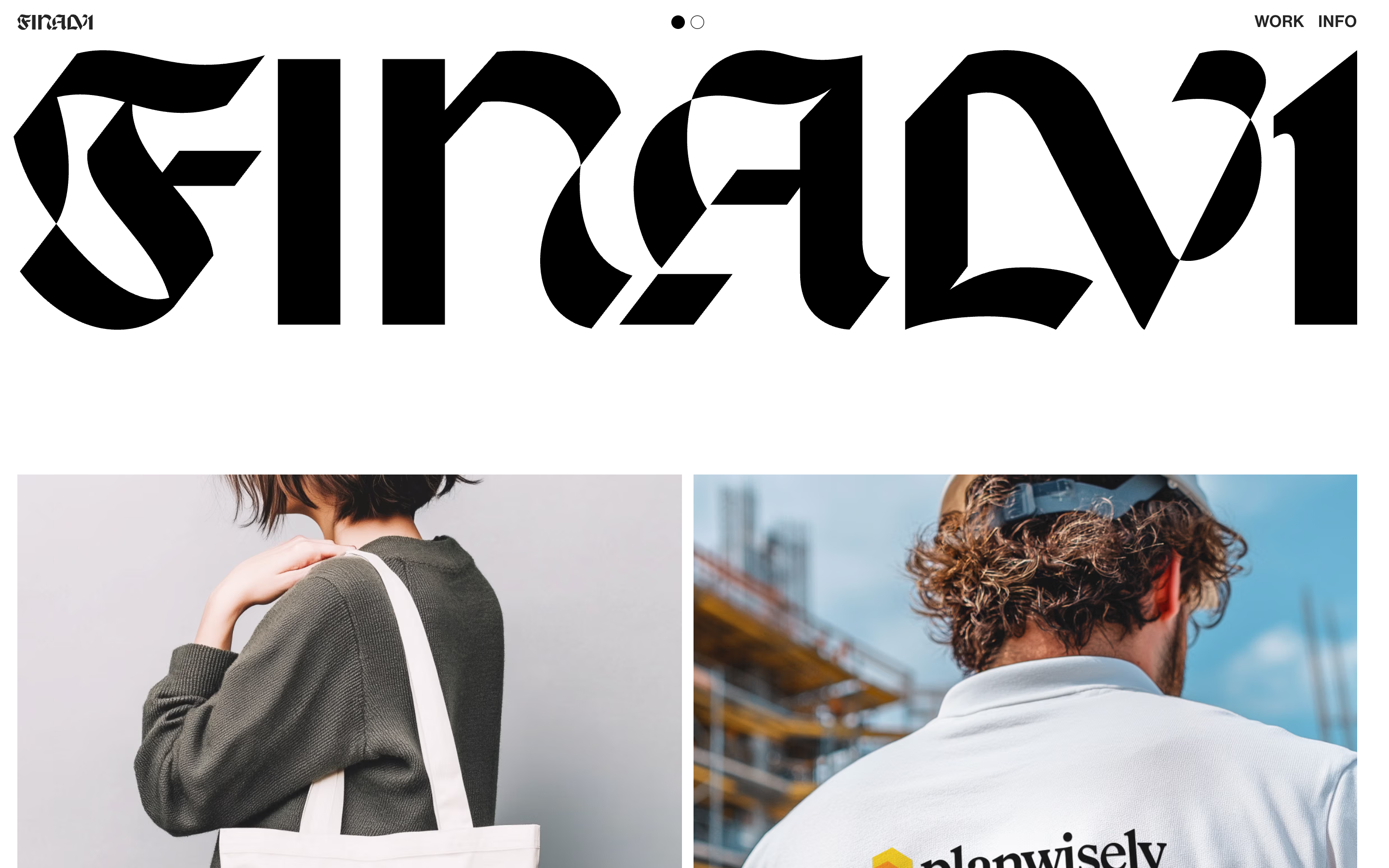 The Finalv1 home: the blackletter wordmark across the top and the first two projects, a tote bag that reads find the tribe and a shirt with the Planwisely logo