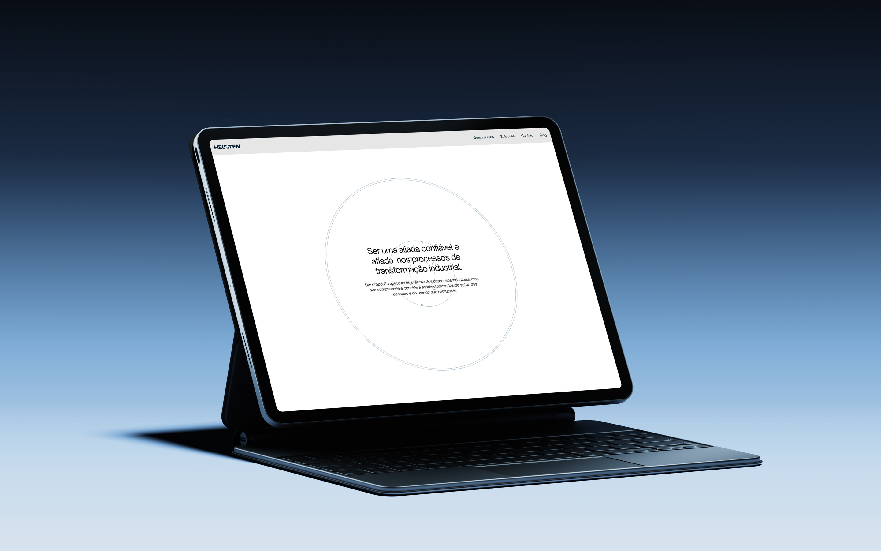 The About page of the Helsten site on a tablet with a keyboard, the company's purpose inside a thin circle