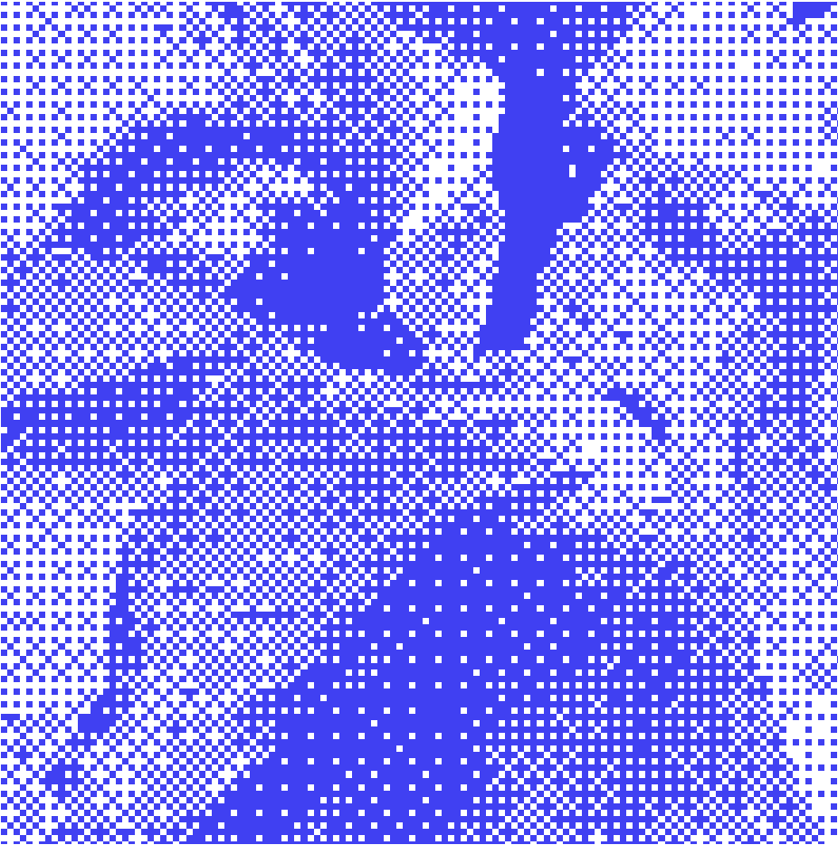 Ordered dither in blue on white, the dot grid thickening in places into soft abstract shapes: the image treatment used across the FREITAG site