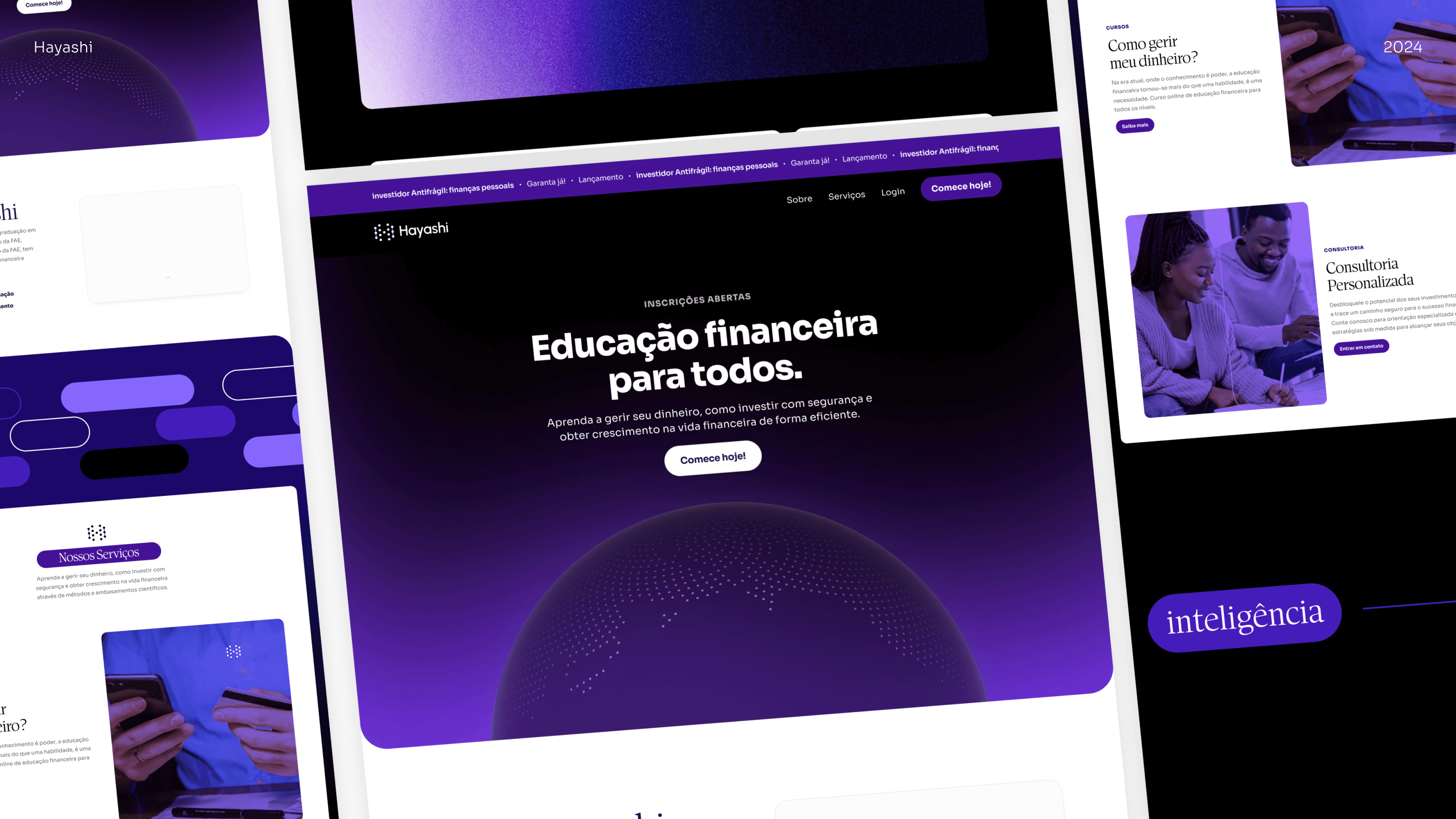 Telas do site da Hayashi em diagonal, com o título Educação financeira para todos sobre um globo roxo pontilhado.