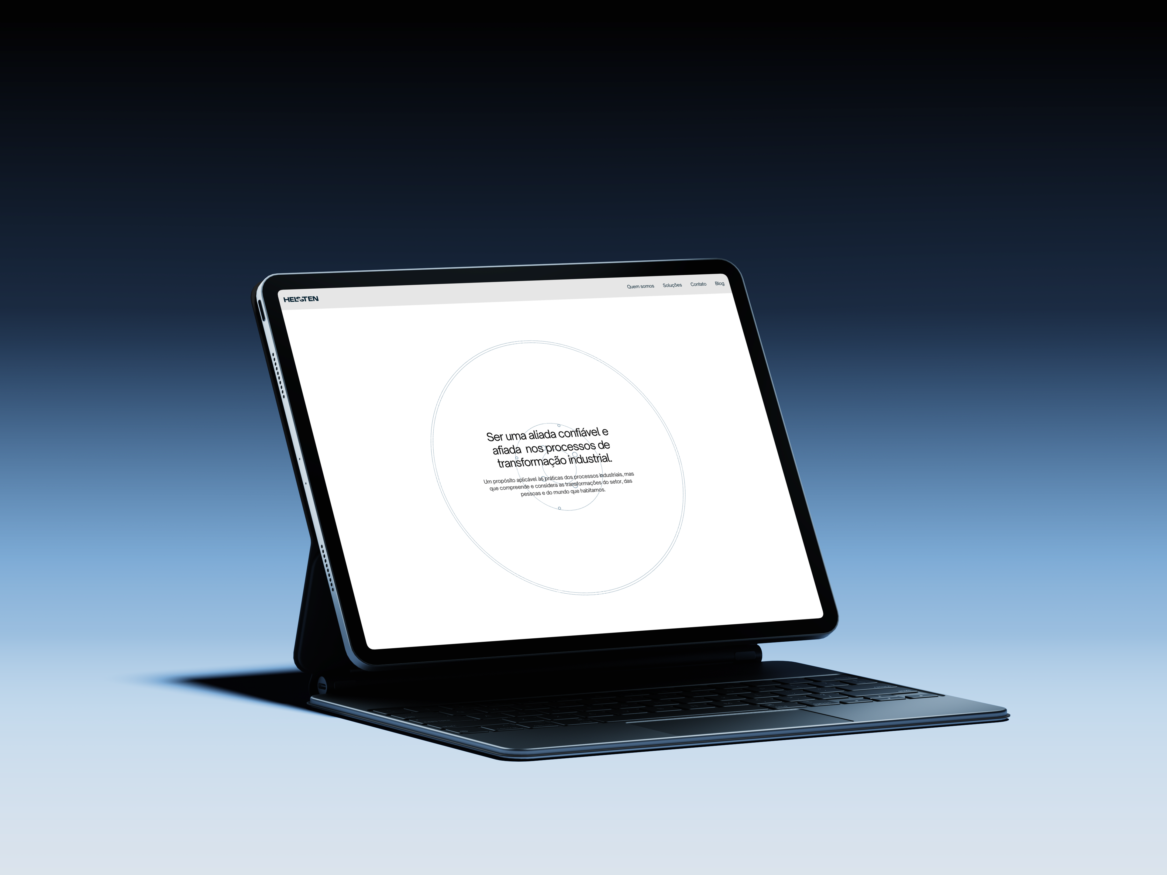 A tablet with a keyboard against a dark blue gradient, showing the About page of the Helsten site