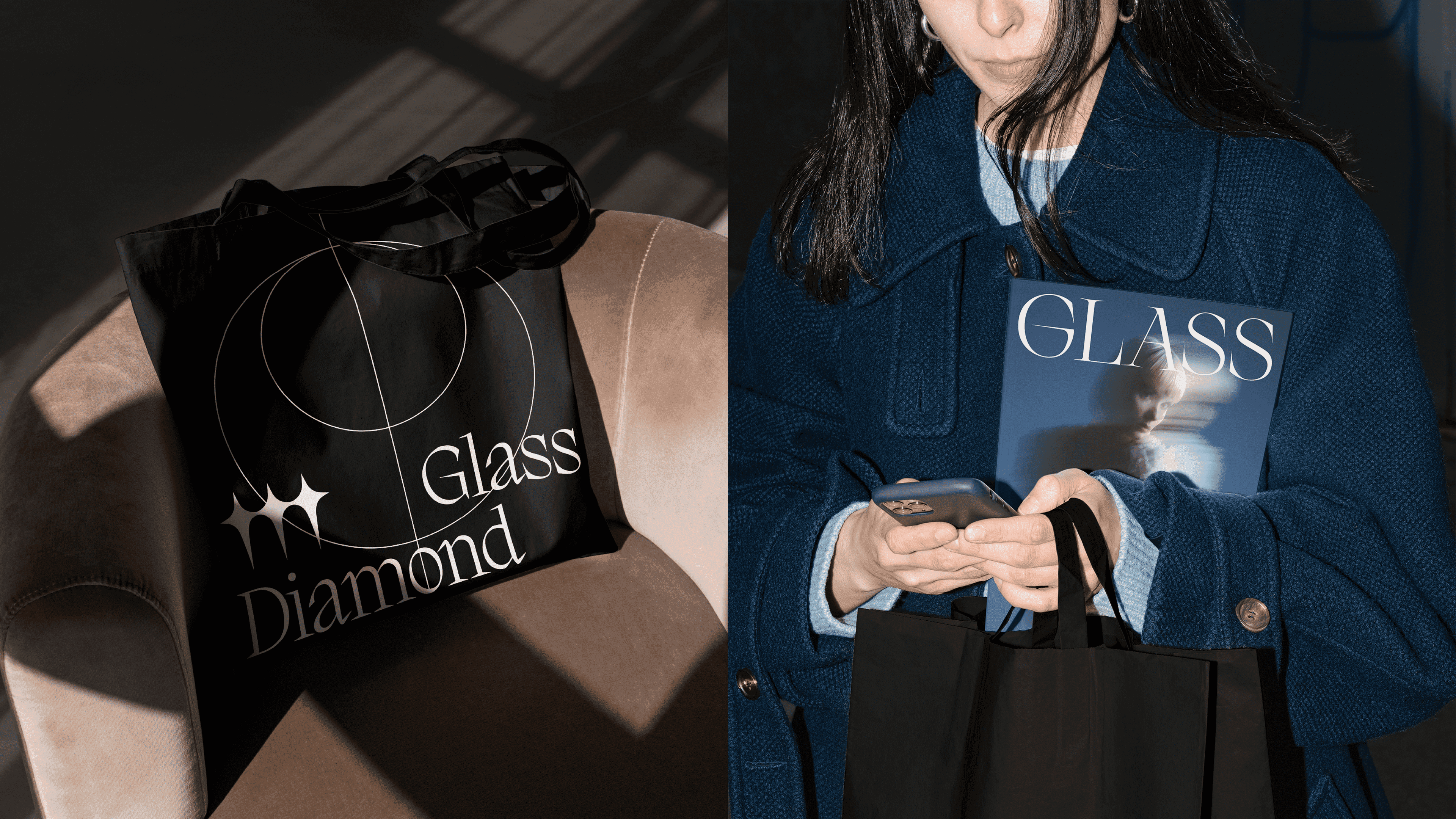 Ecobag preta da Glass Diamond em poltrona de veludo e mulher de casaco azul com a revista GLASS na sacola