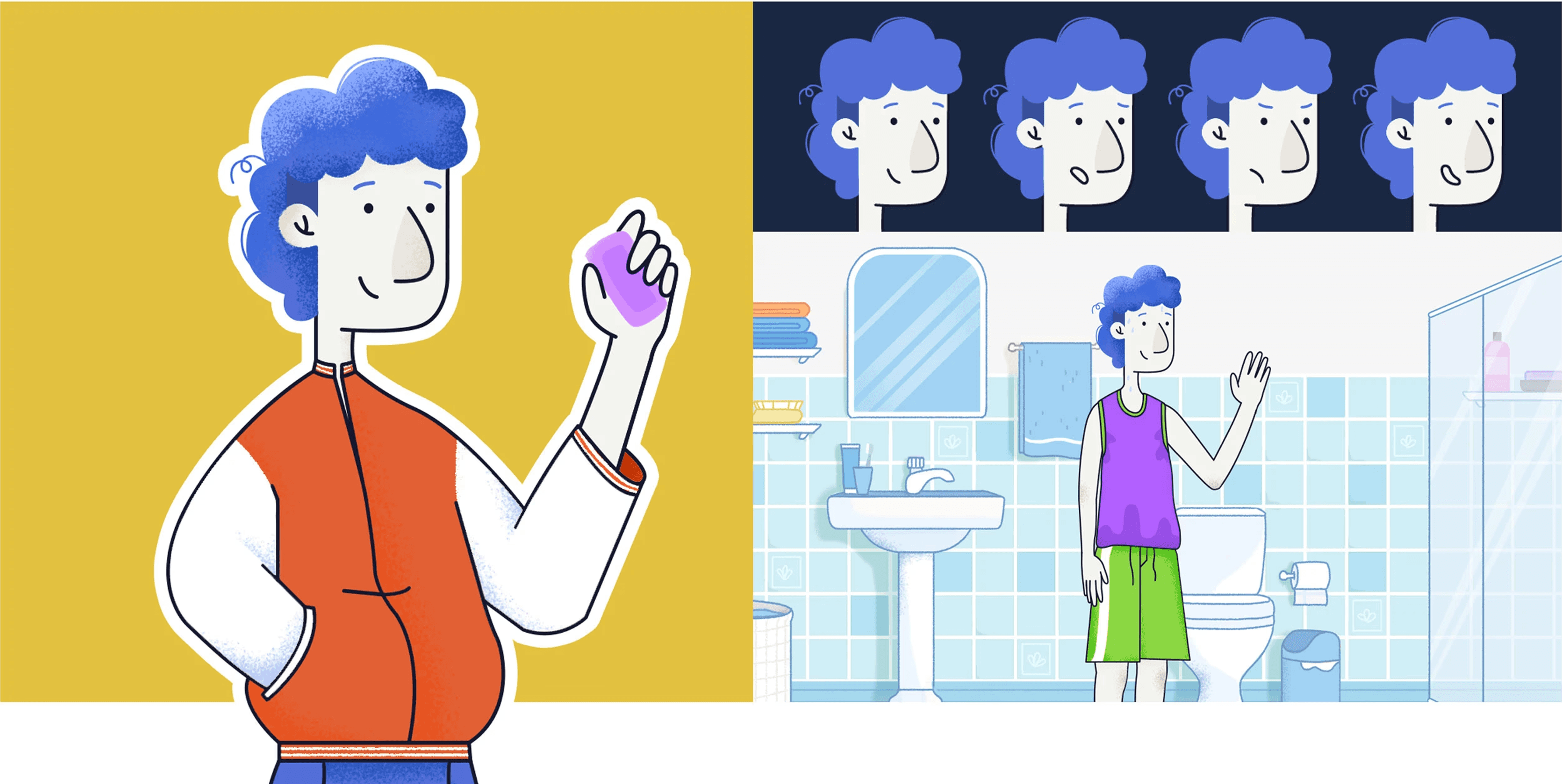 Personagem ilustrado de cabelo azul segurando sabonete, quatro expressões faciais e a cena do banheiro azulejado