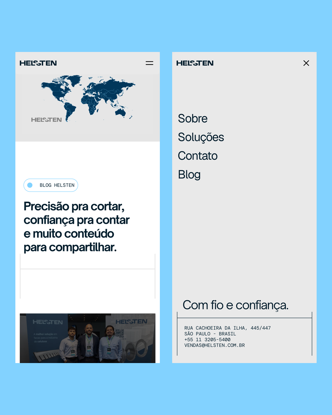 Two phone screens of the Helsten site on light blue: the blog, with a photo of the team at a trade fair, and the menu open