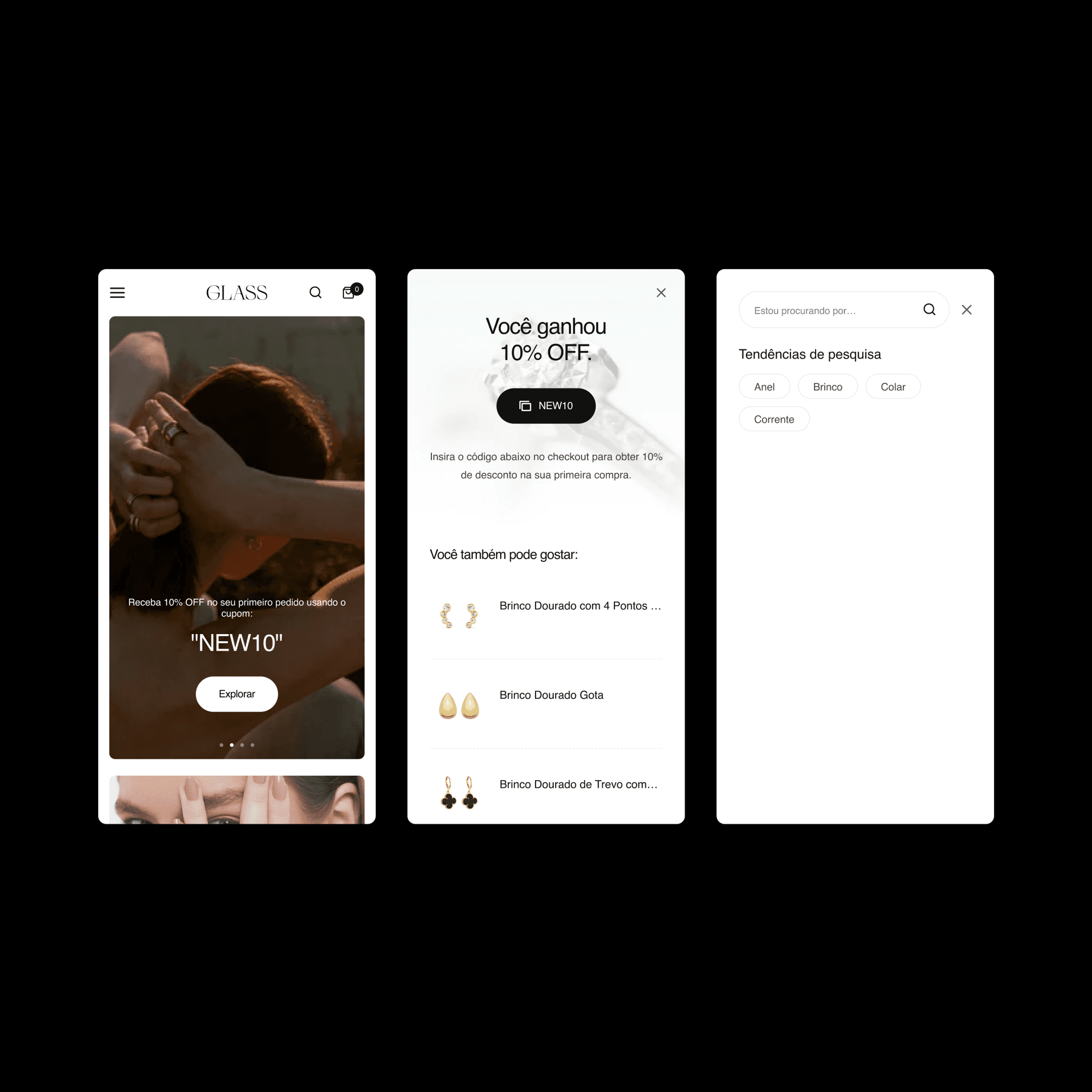 Três telas mobile da Glass sobre fundo preto: banner com o cupom NEW10, pop-up de desconto e painel de busca