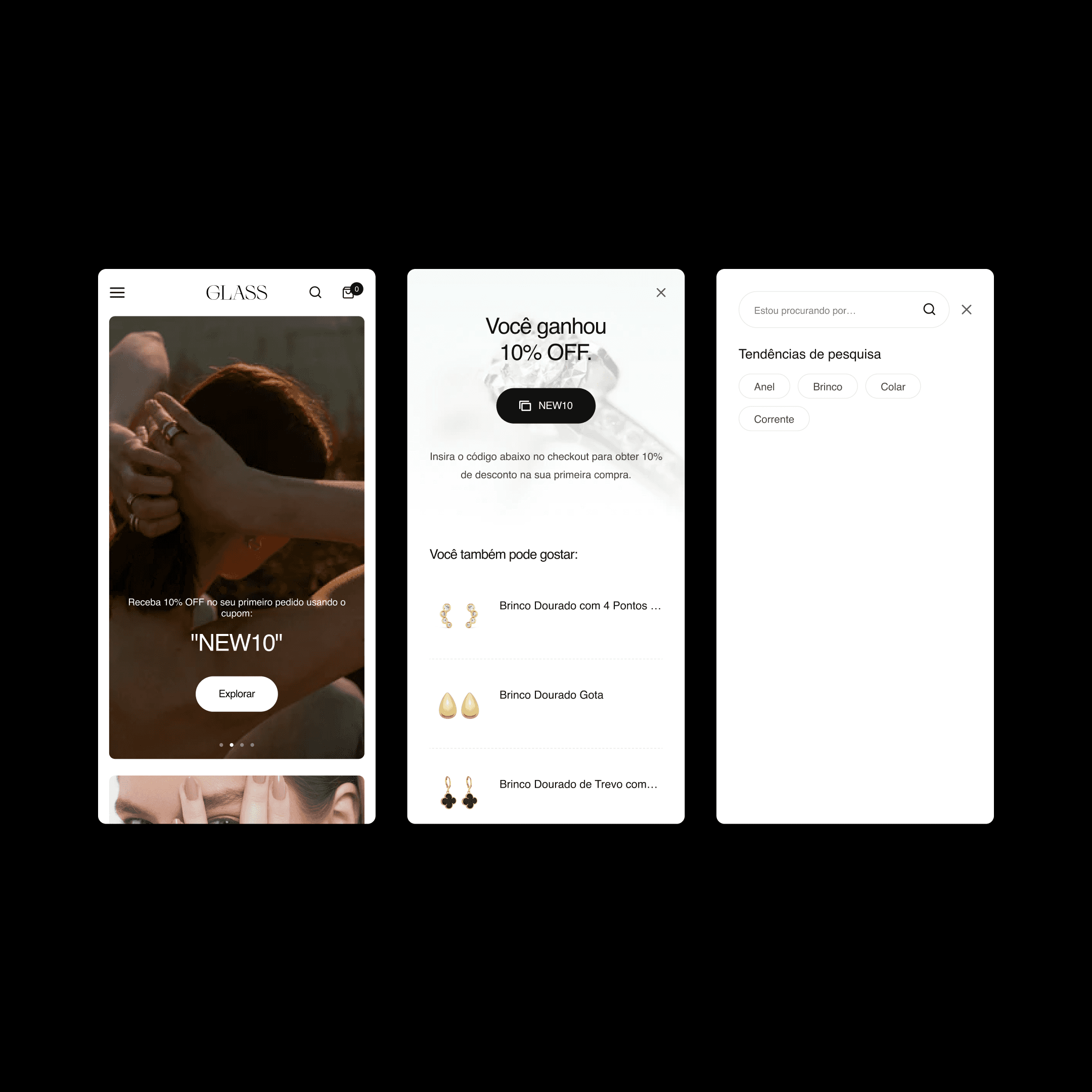 Três telas mobile da Glass sobre fundo preto: banner com o cupom NEW10, pop-up de desconto e painel de busca