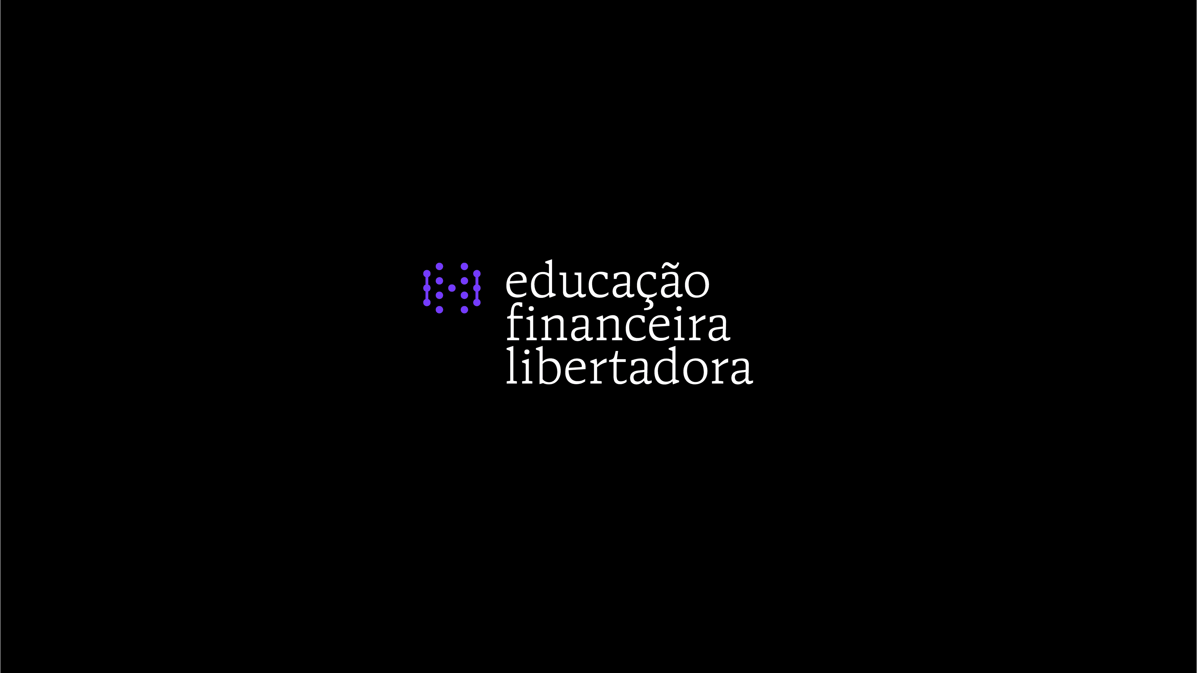 Frase educação financeira libertadora em serifada branca sobre preto, ao lado do símbolo de pontos roxo.