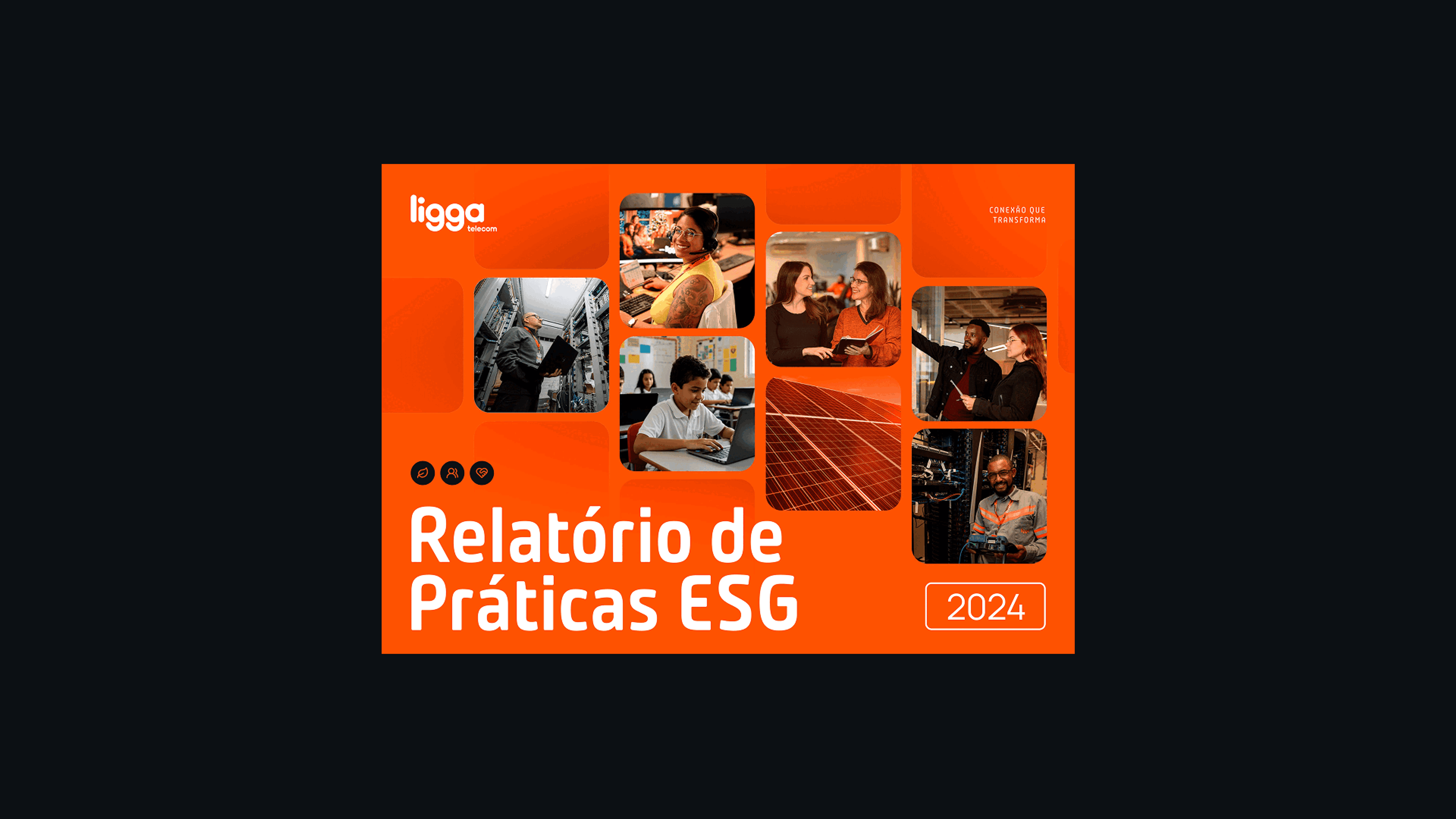 Relatório ESG 2024 da Ligga folheado página a página, da capa laranja com mosaico de fotos aos gráficos, retratos e mapa do Paraná