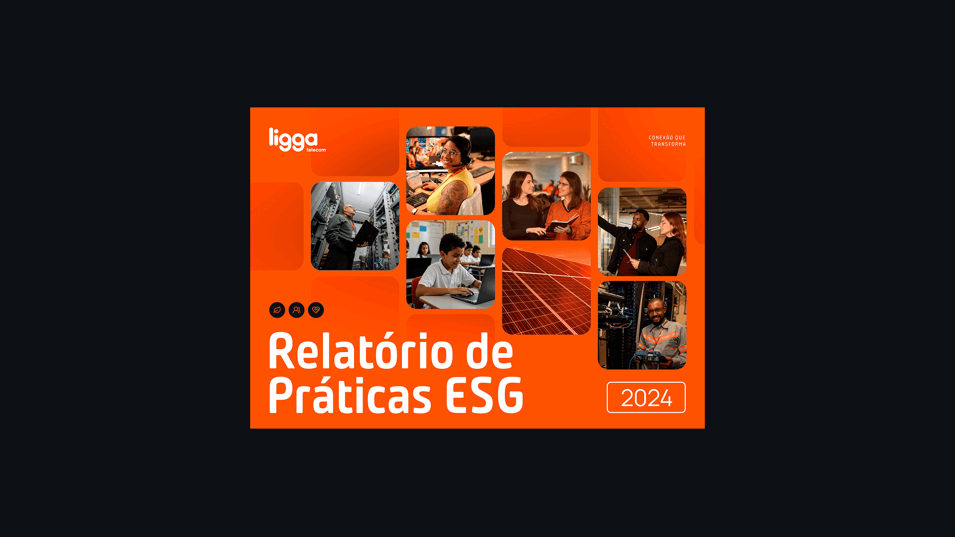 Relatório ESG 2024 da Ligga folheado página a página, da capa laranja com mosaico de fotos aos gráficos, retratos e mapa do Paraná
