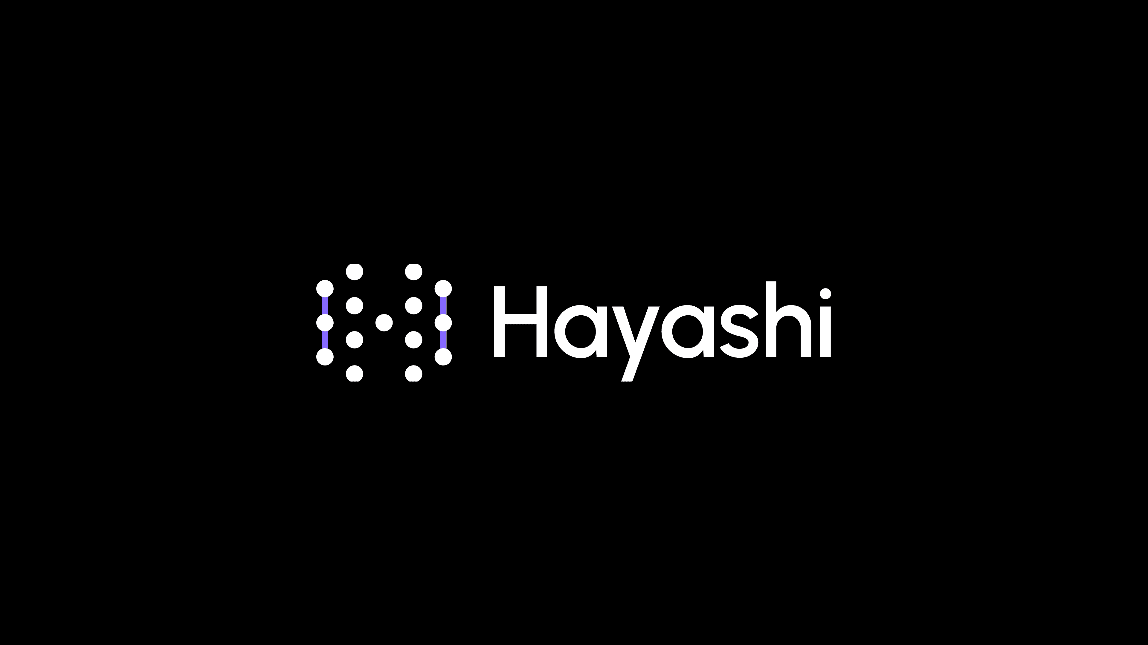 Logotipo Hayashi em branco sobre preto, ao lado do símbolo em grade de pontos com duas barras roxas.