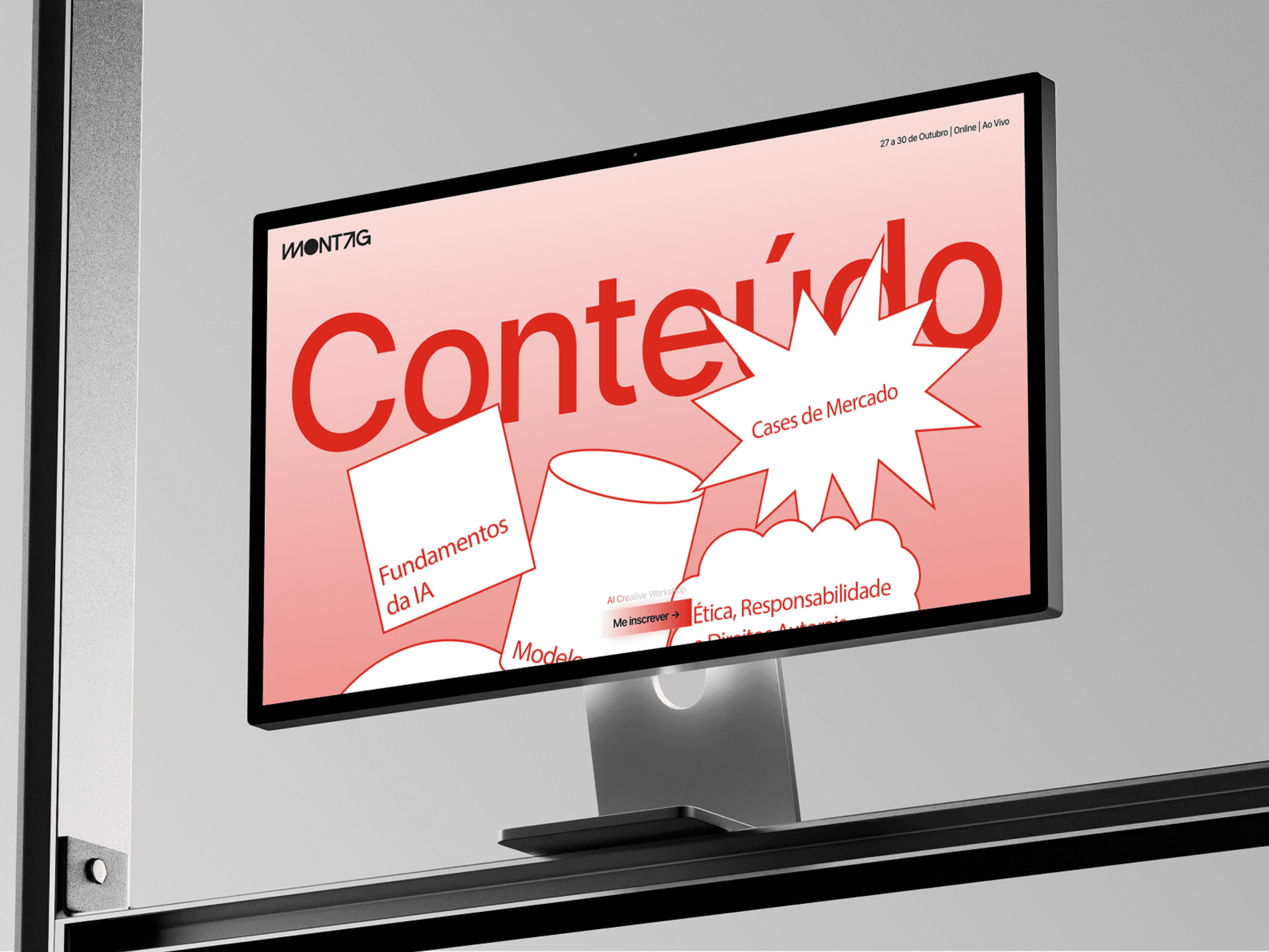 Site da Montag School num monitor, título Conteúdo em vermelho sobre rosa e formas brancas com os temas do curso