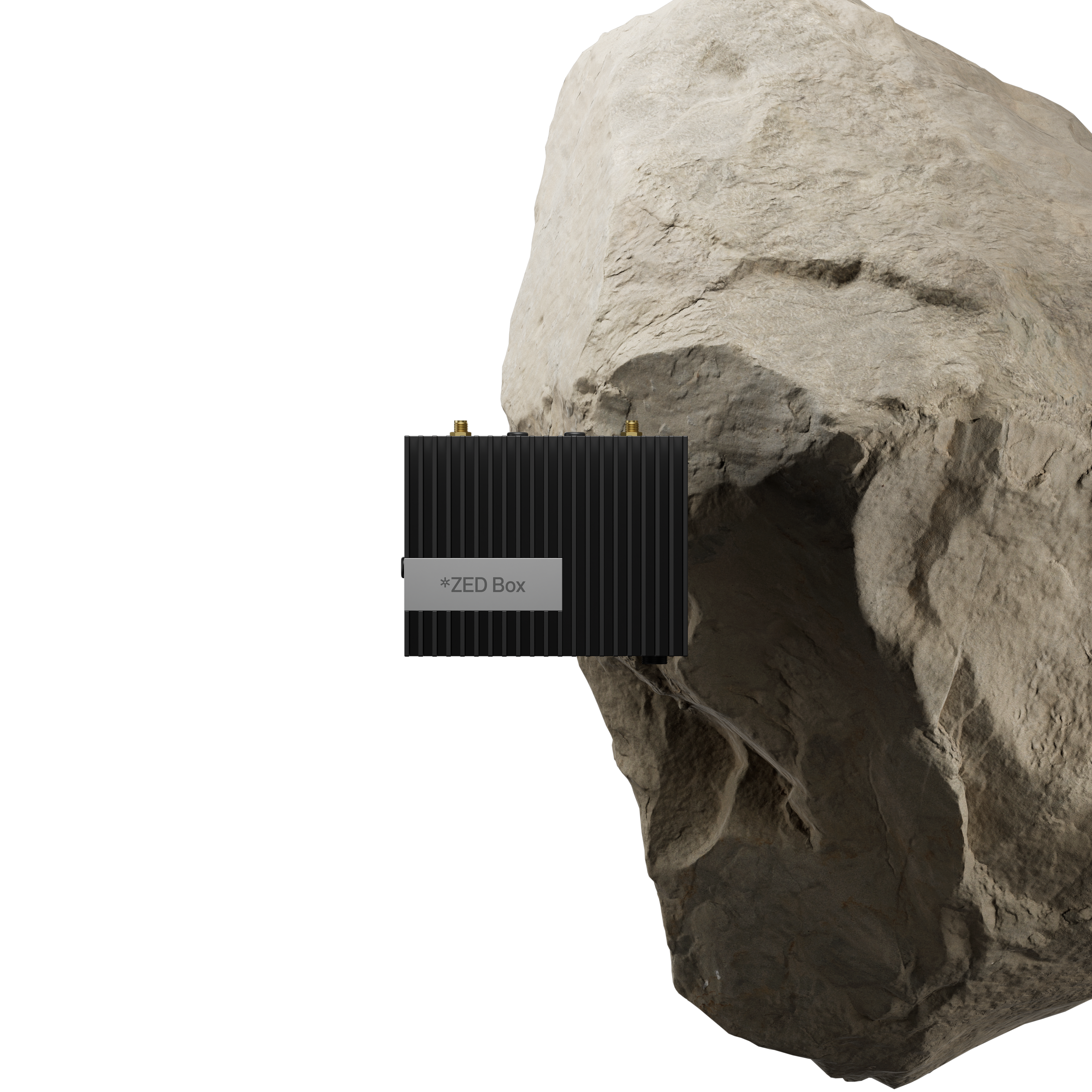 ZED Box Orin NX with a big rock behind it