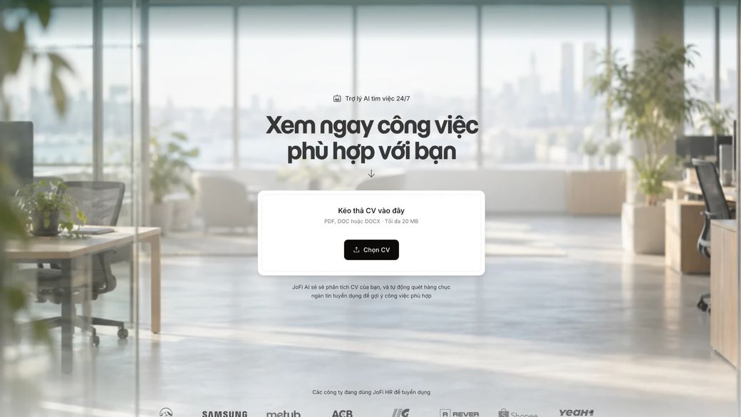 Trang chủ JoFi AI với khu vực tải CV lên để tìm việc phù hợp