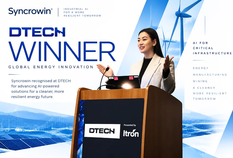 Aisshwarya Kansakaar presenting at the DTECH lectern beside the words DTECH Winner, Global Energy Innovation