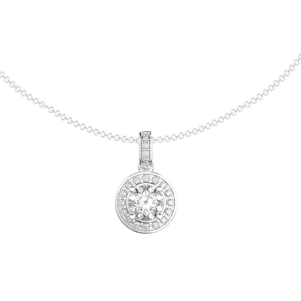 0.91Ct Diamond Halo Pave Pendant Necklace · 0.91 ct, Round Brilliant, I colour, SI2 clarity, EGL certified, 18Kt White Gold