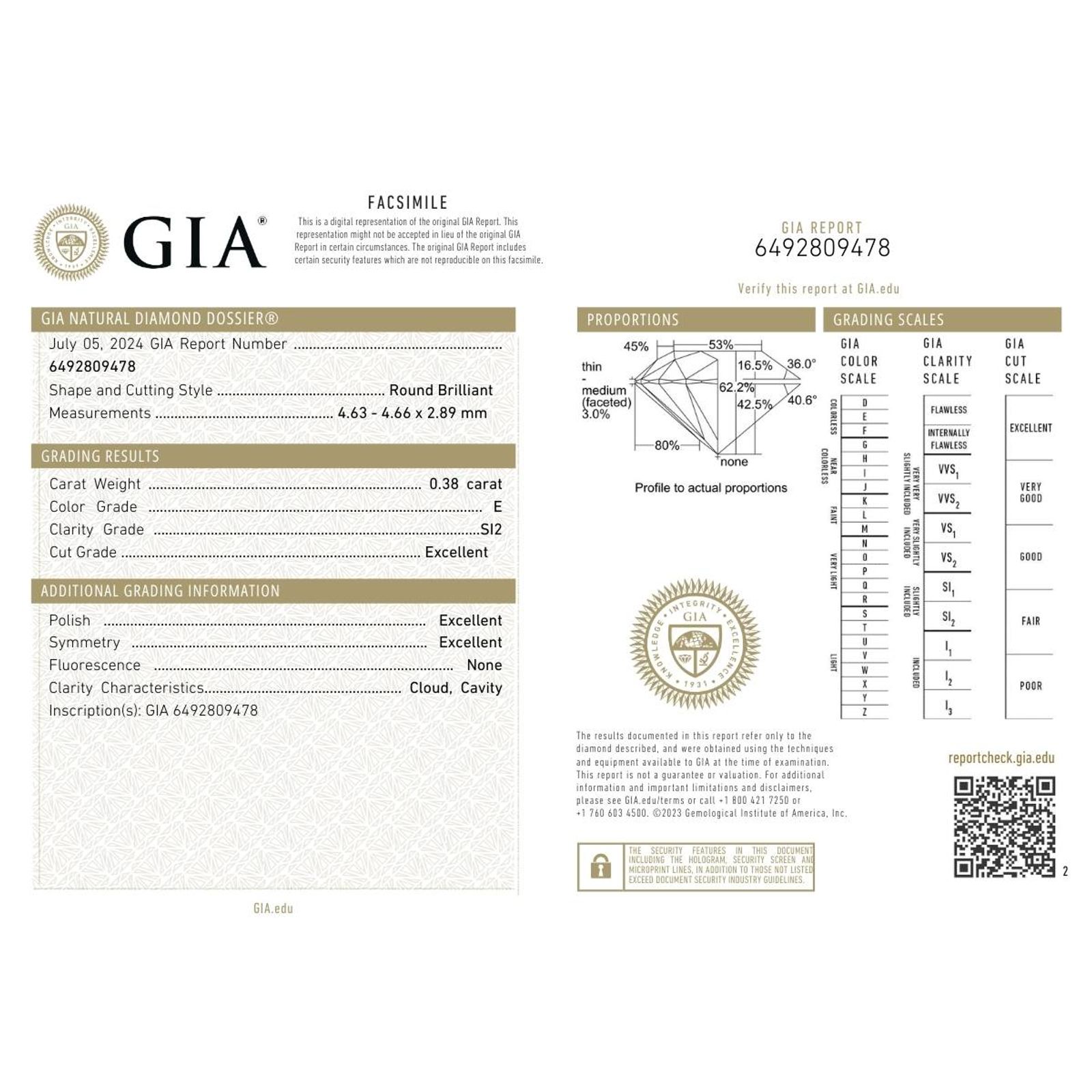GIA 0.38Ct E SI2 · 0.38 ct, E colour, SI2 clarity, GIA certified