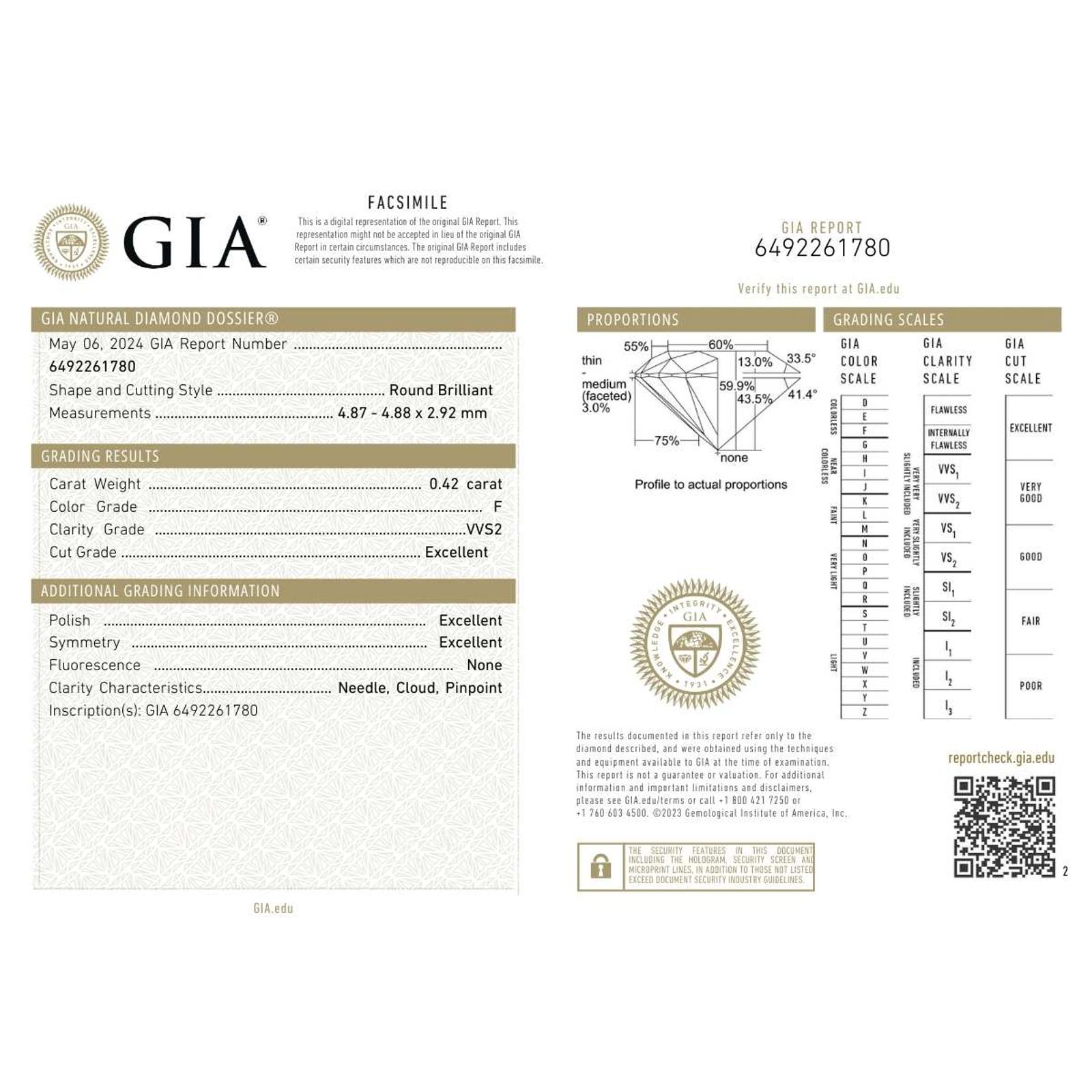 GIA 0.42Ct F VVS2 · 0.42 ct, F colour, VVS2 clarity, GIA certified