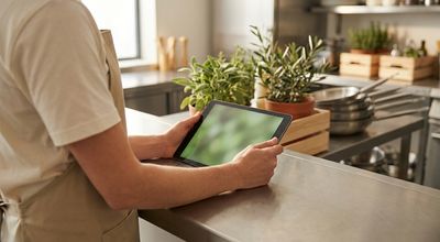 Cook in an apron holding a tablet at a stainless counter lined with potted herbs